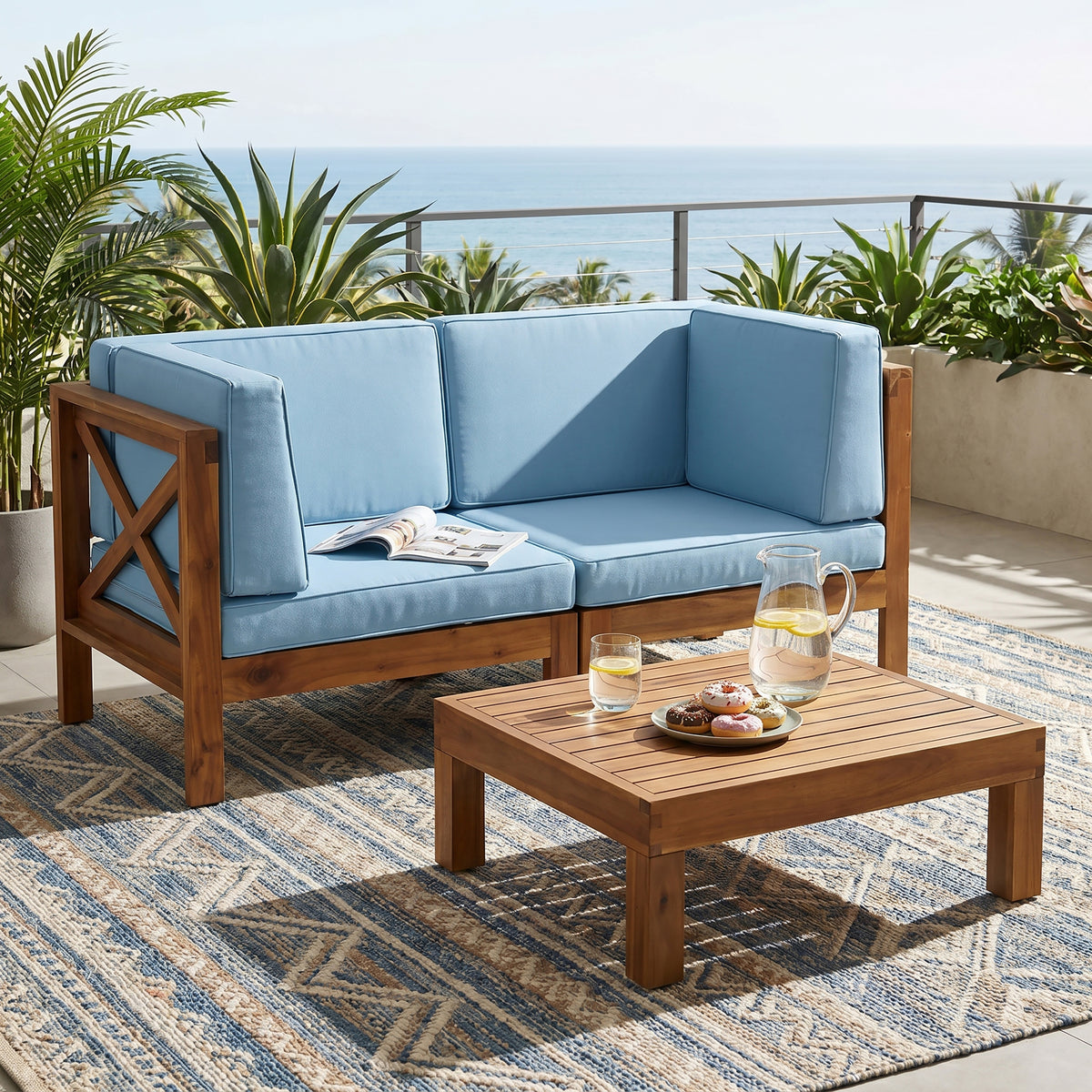 Blue Solid Wood Outdoor Sofa Set for 2