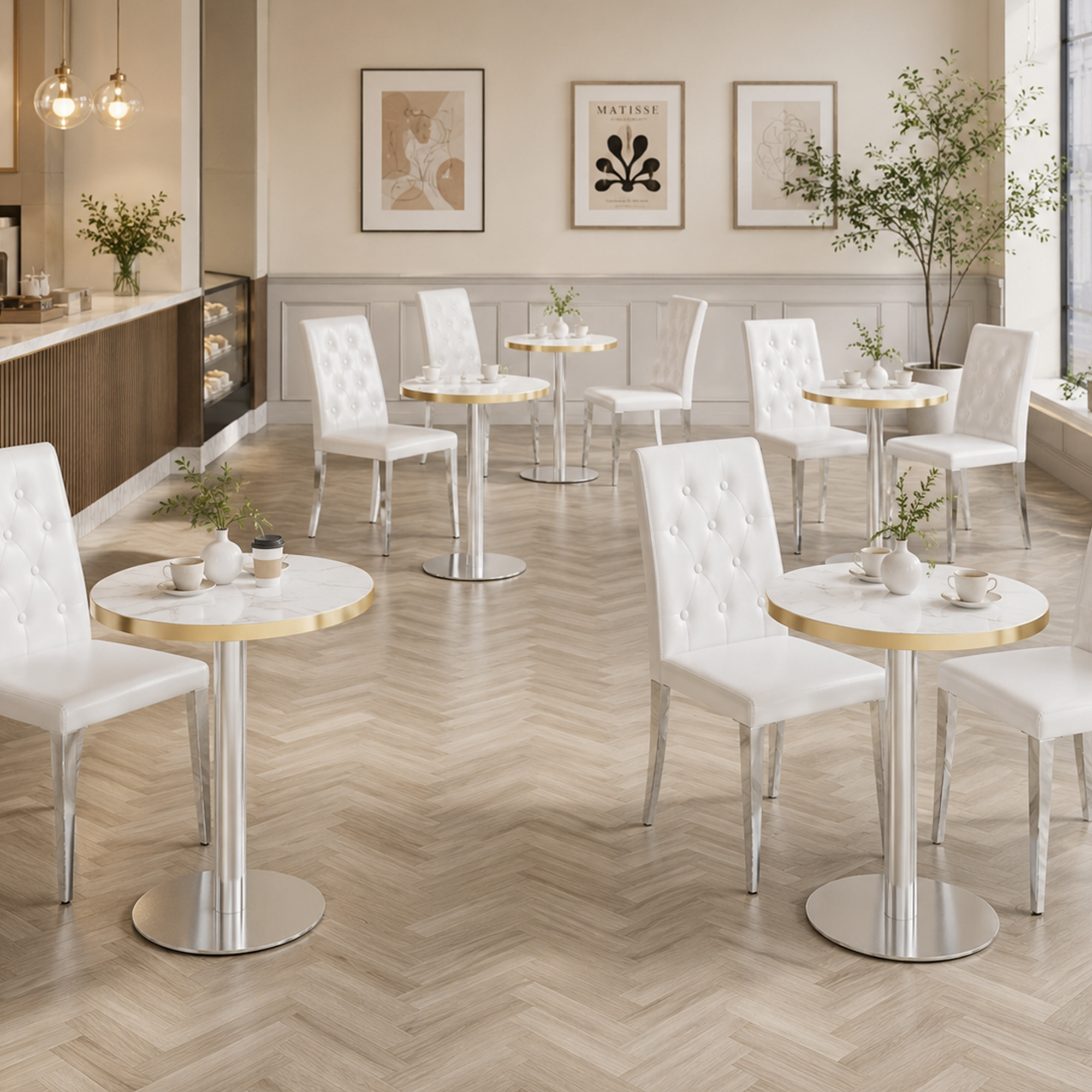 Several white faux marble gold-trim bistro tables with white tufted chairs in an elegant cafe