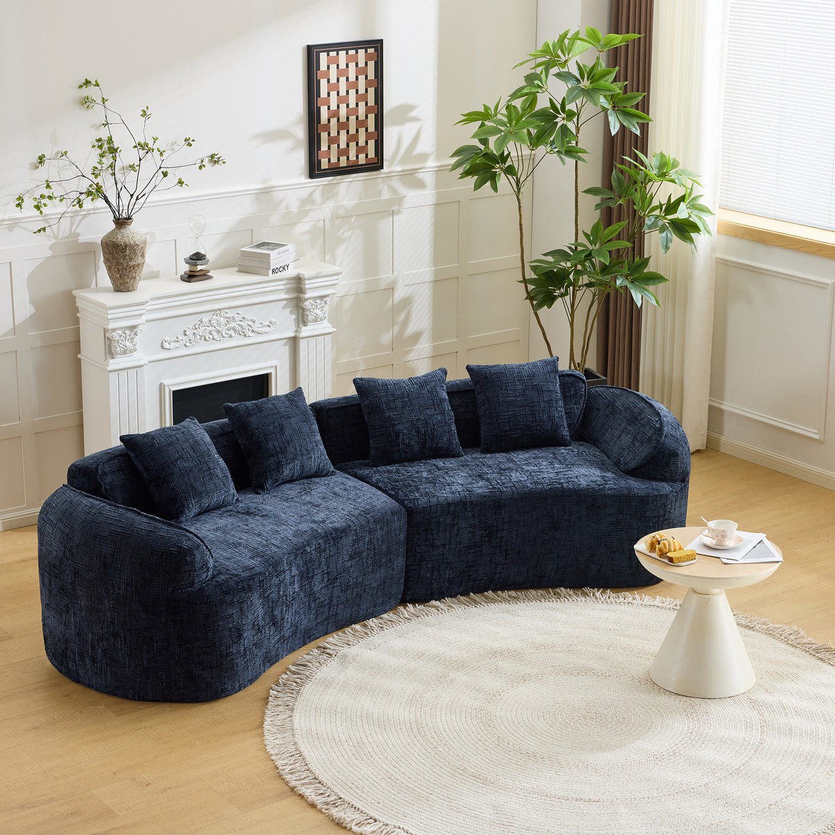 Blue Chenille 4-Seat Curved Sofa, No Assembly, 109.5 in Wide