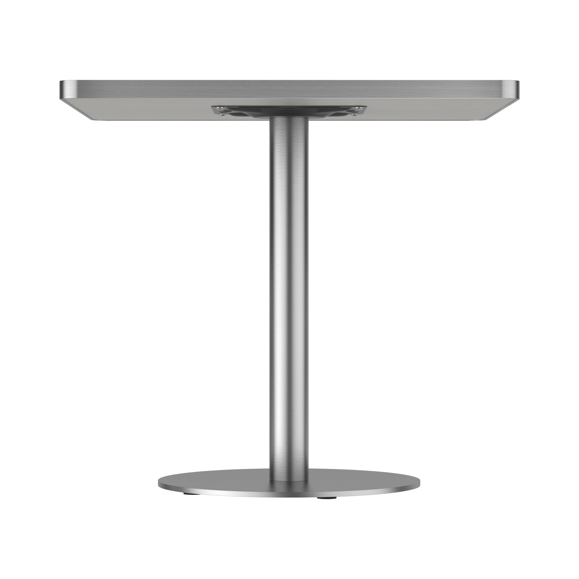 Side view of square dining table showing silver column and underside mounting bracket