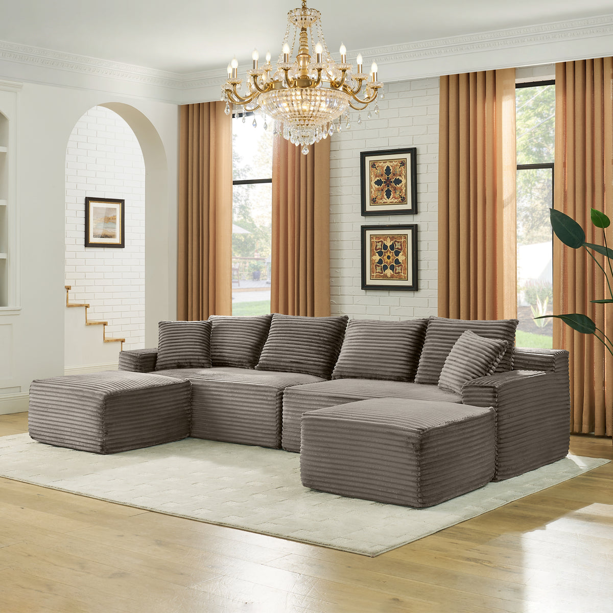 Brown Corduroy Modular Sectional Couch with 2 Ottomans, 115 in Wide