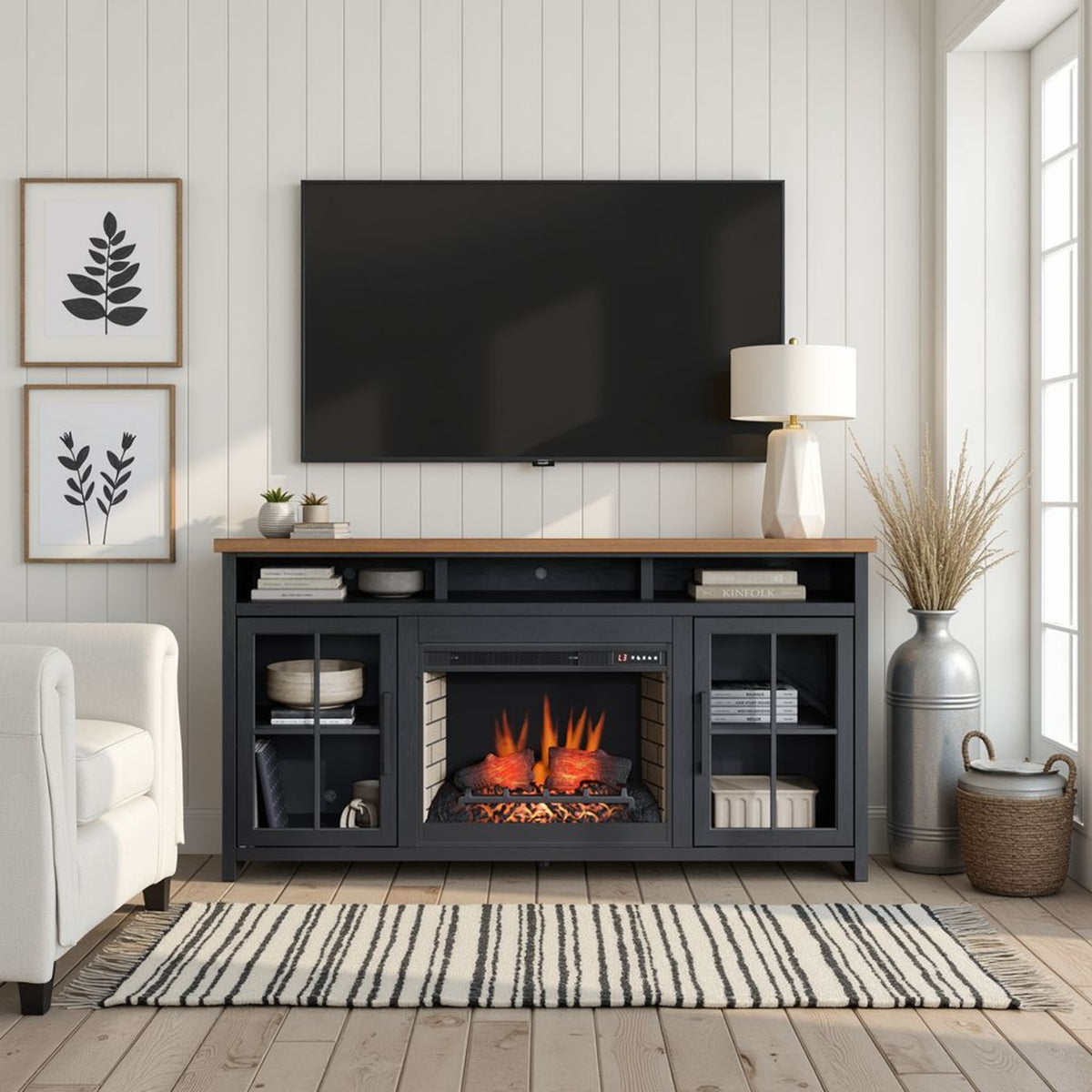 Black Fireplace TV Stand for TVs up to 85 in, 74 in Wide