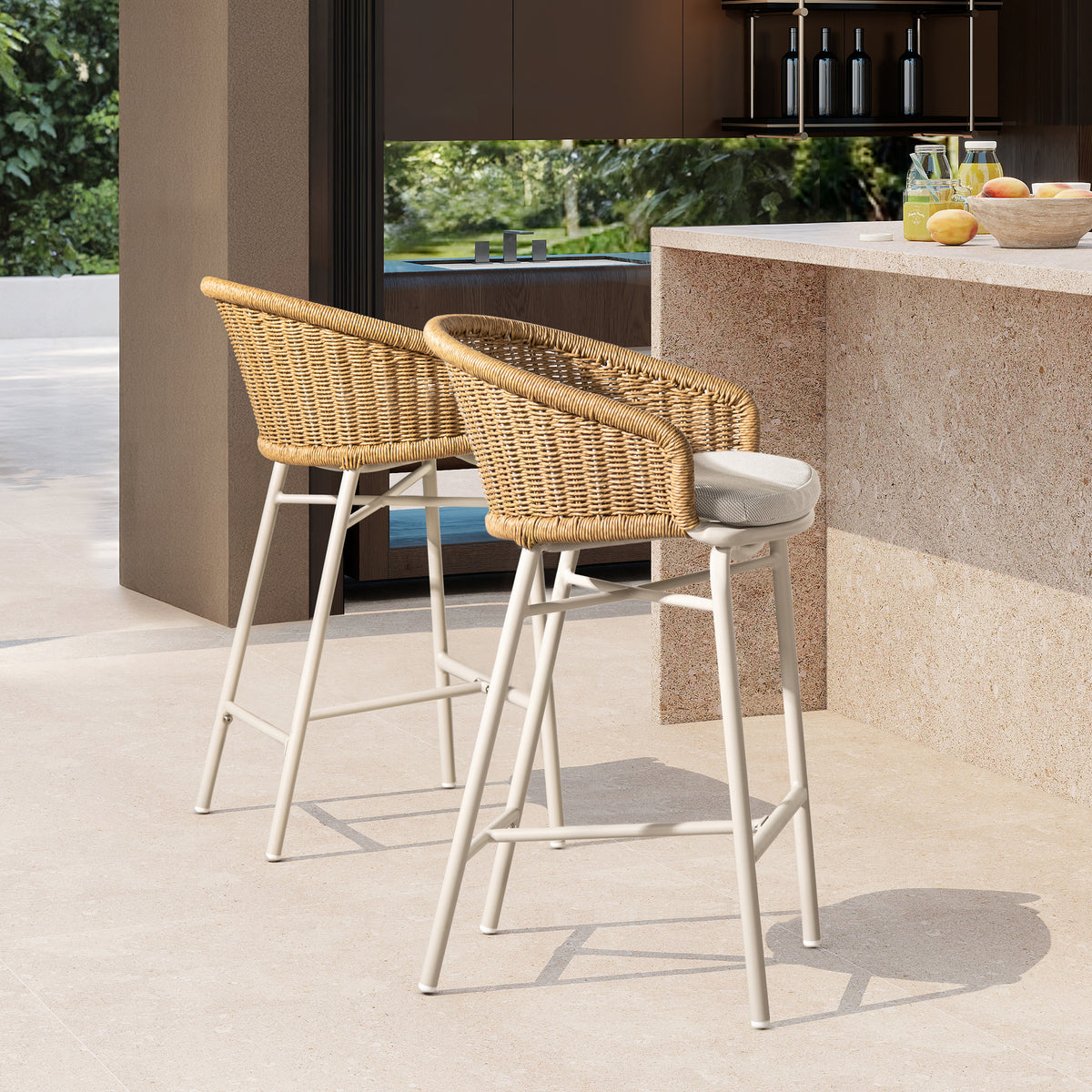 Outdoor Bar Stool with Wicker Back, Set of 2