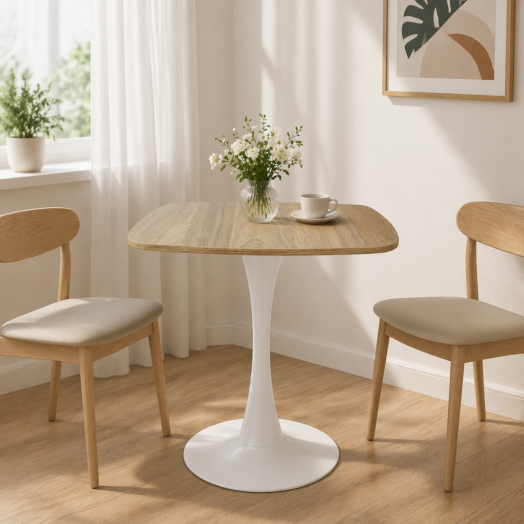 Faux oak square tulip bistro table in a bright nook between two wood chairs