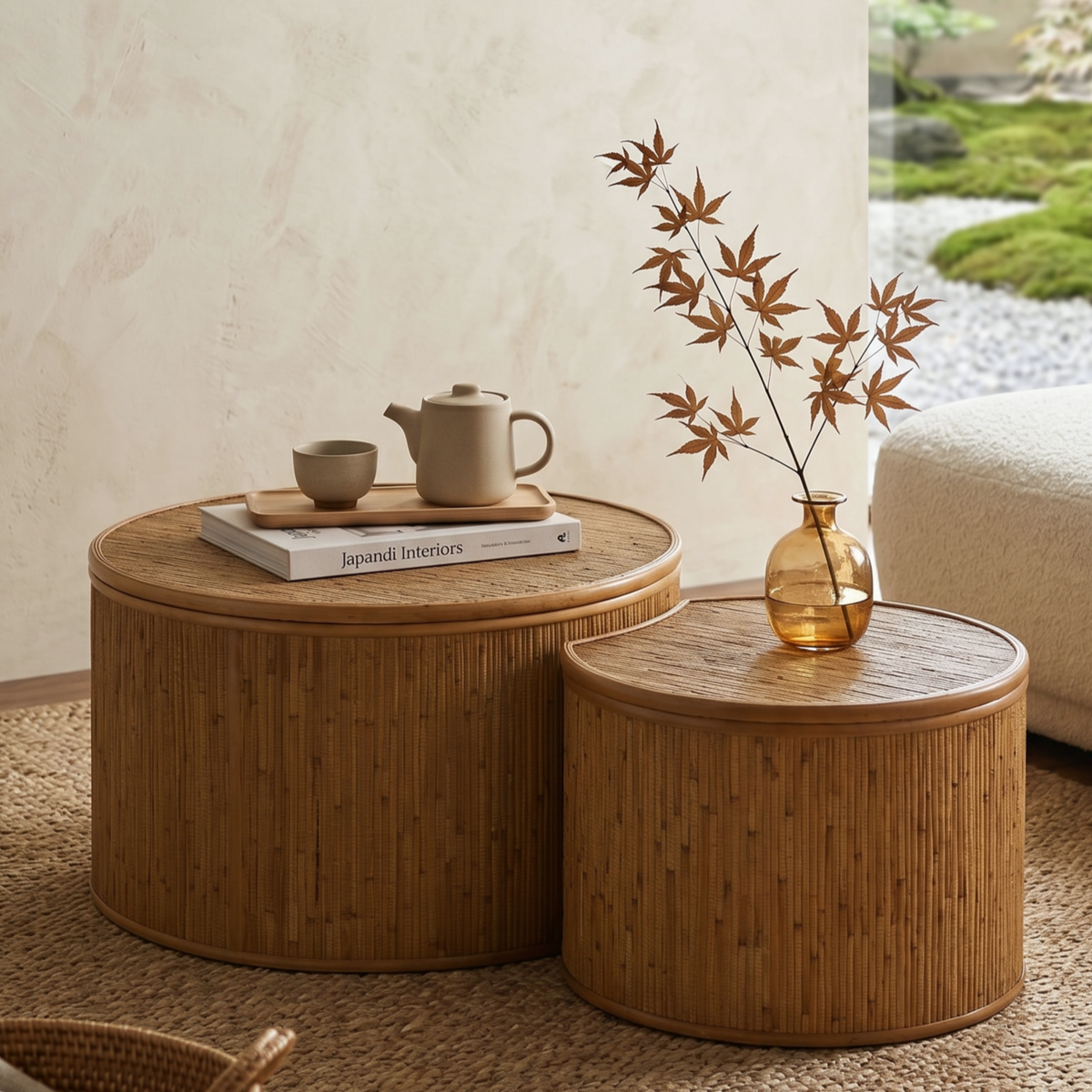 Natural Rattan Coffee Table with Storage, 43.9 in