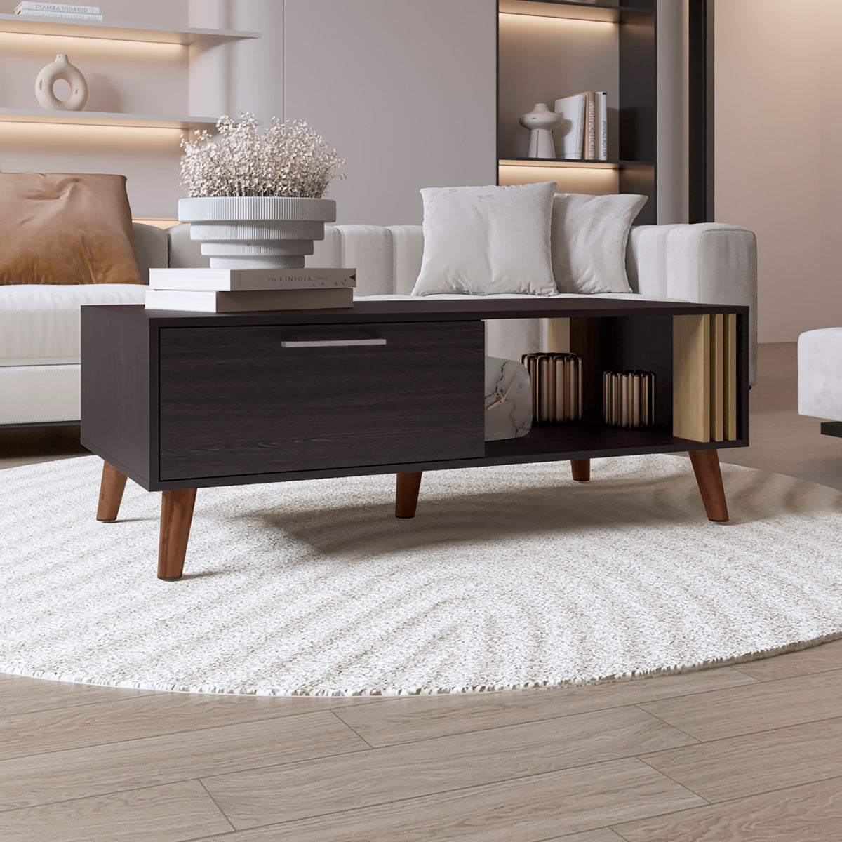 Black Rectangular Coffee Table with Storage, 47 in, Open Shelf