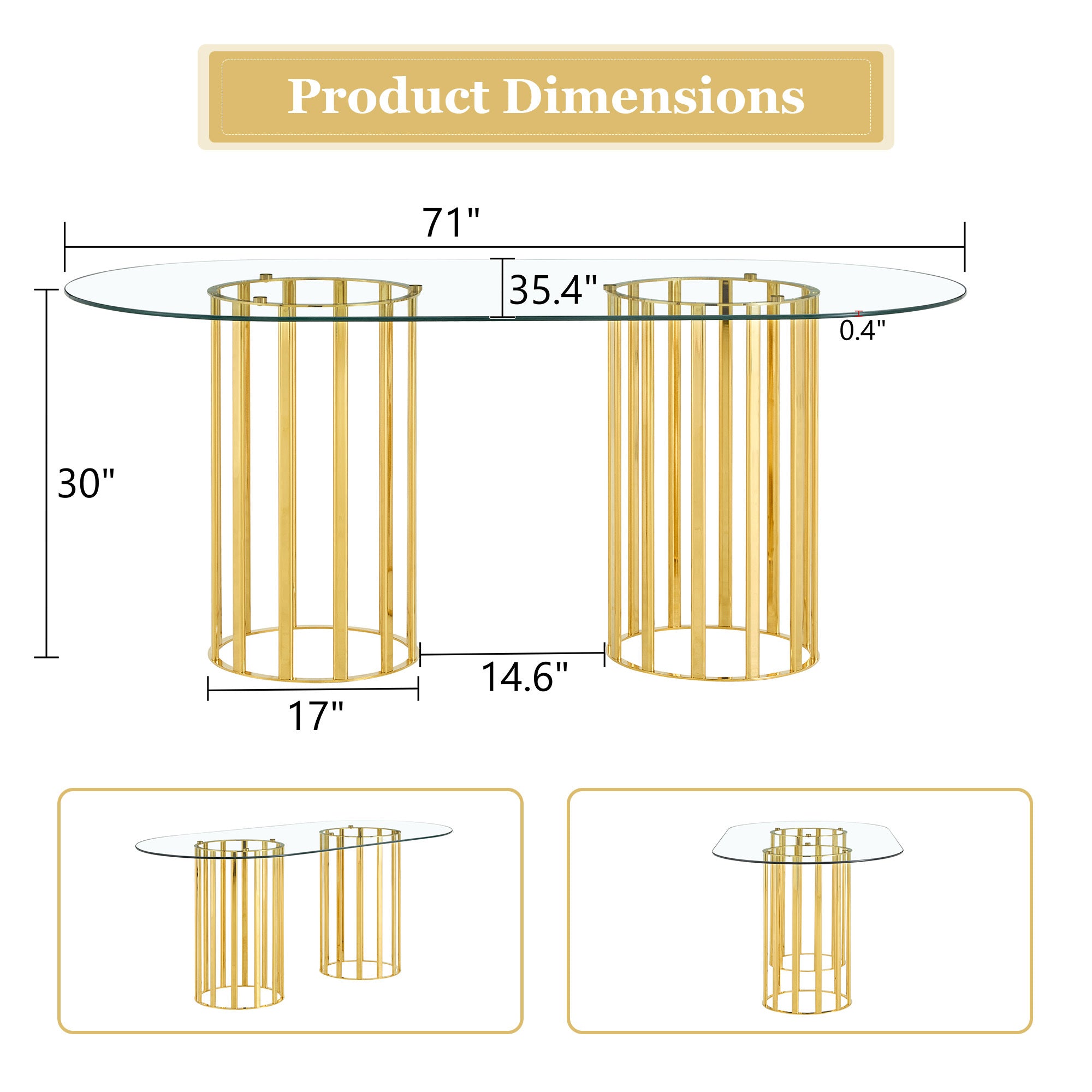 Dimension diagram of the oval glass dining table showing 71 inch length, 35.4 inch width, and 30 inch height