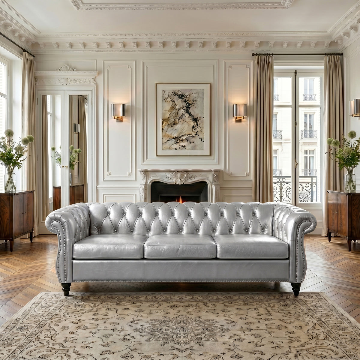 Silver Vegan Leather 3-Seat Chesterfield Sofa, 84.7 in Wide