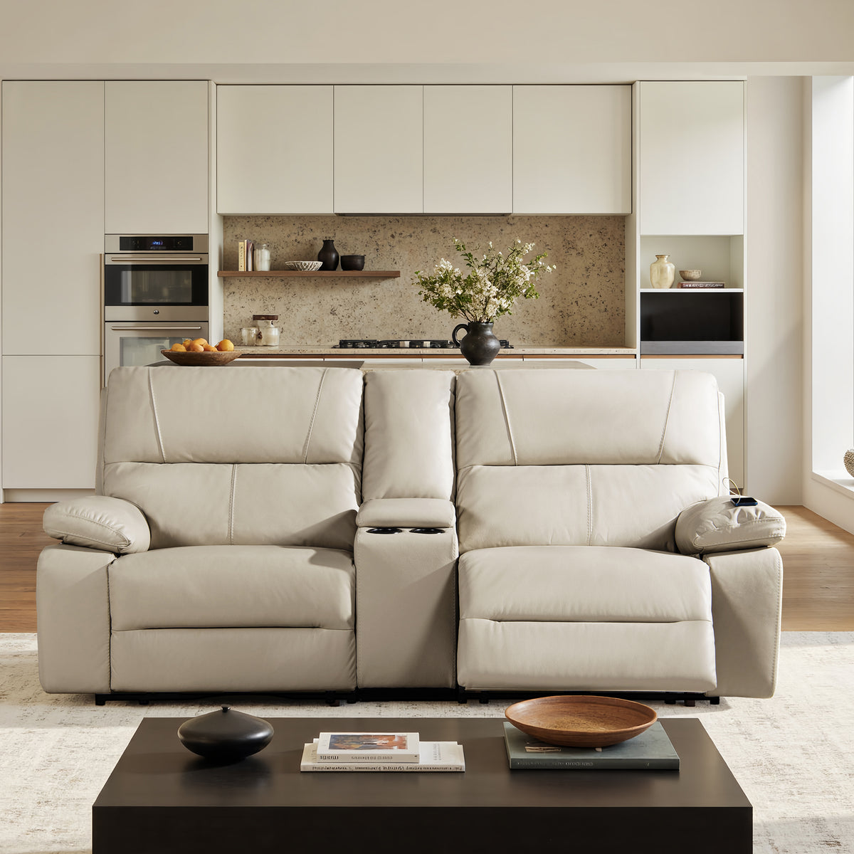Beige Vegan Leather Power Reclining Loveseat, 79.3 in Wide