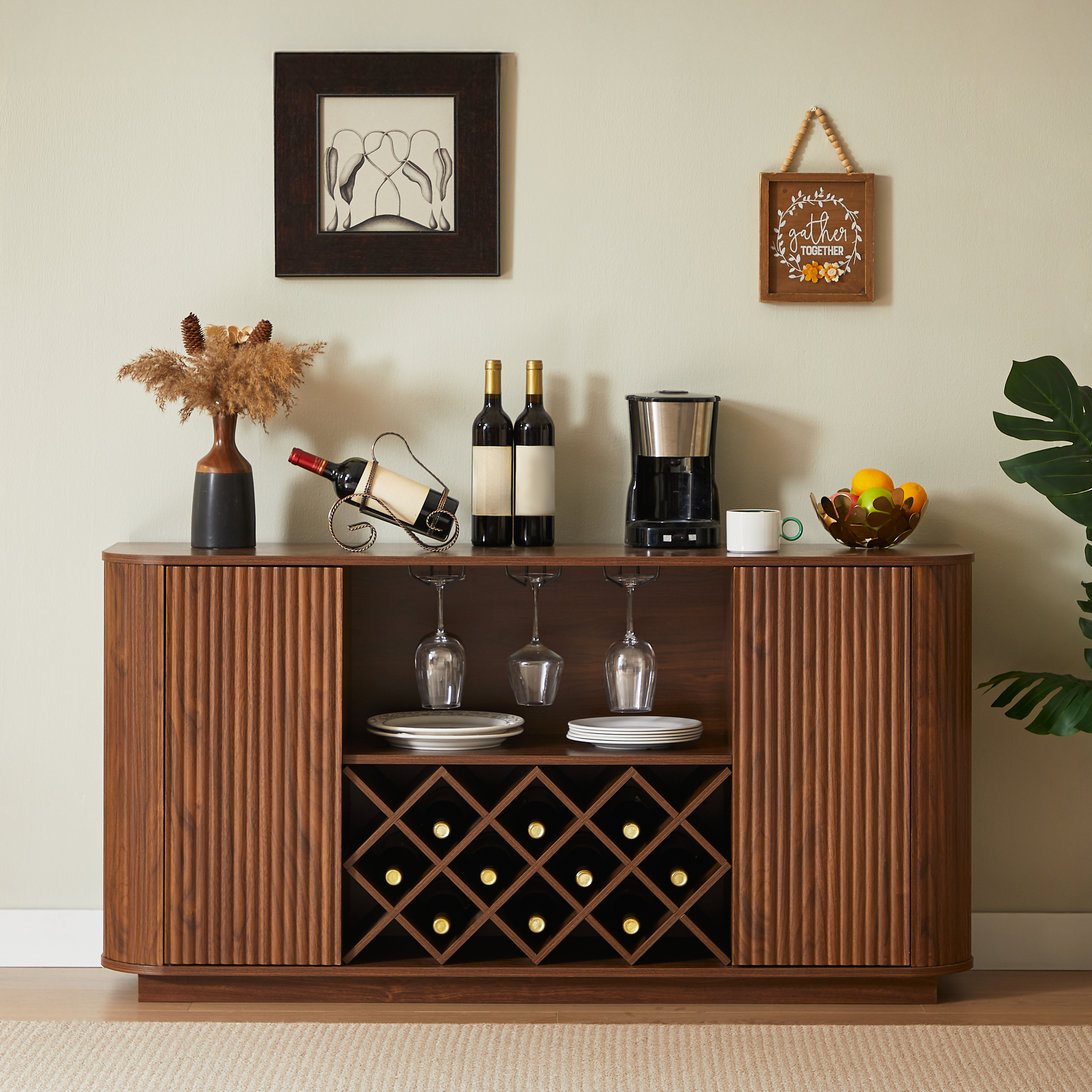 Wavy Sideboard Bar Cabinet, Walnut, Wine Rack and Glass Holder