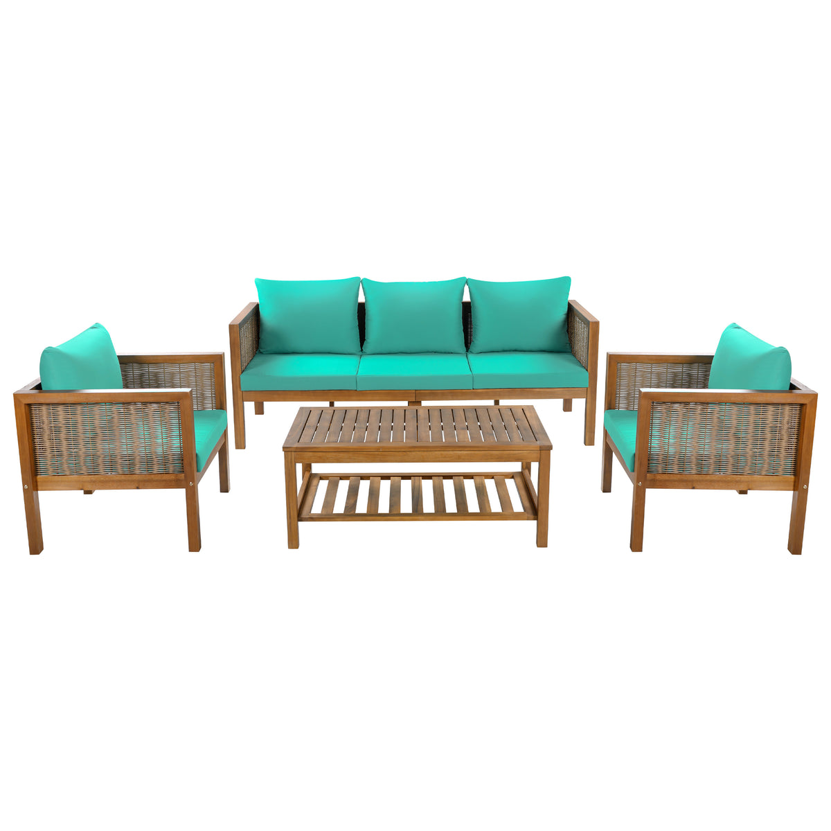 Natural Solid Wood 4-Piece Outdoor Sofa Set for 5 with Green Cushions