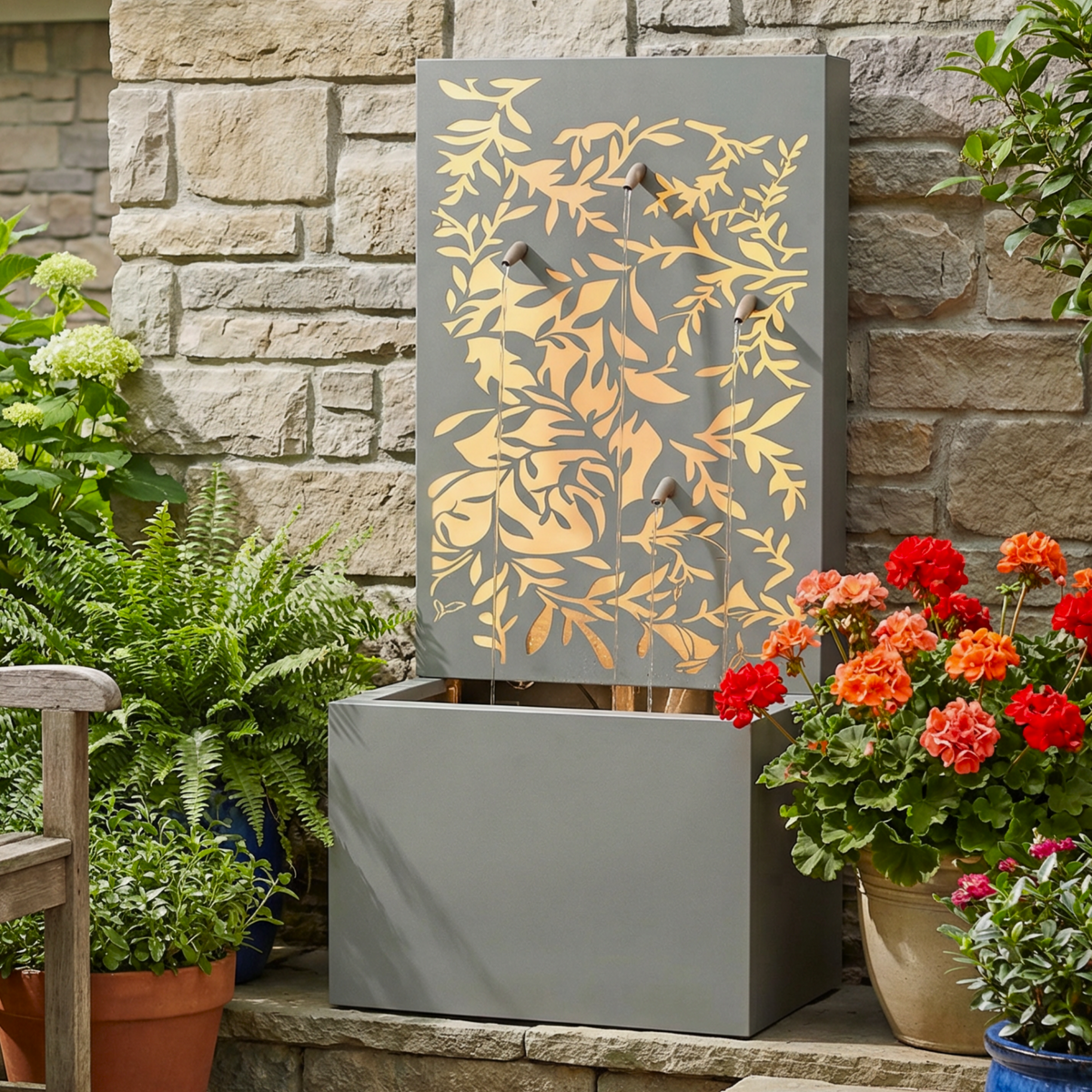 Light Gray Metal Outdoor Water Fountain, Leaf Pattern