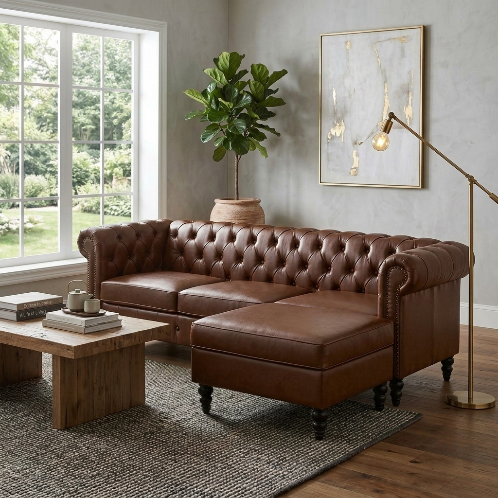 Brown Vegan Leather Modular Sectional Couch with Ottoman, 85 in Wide