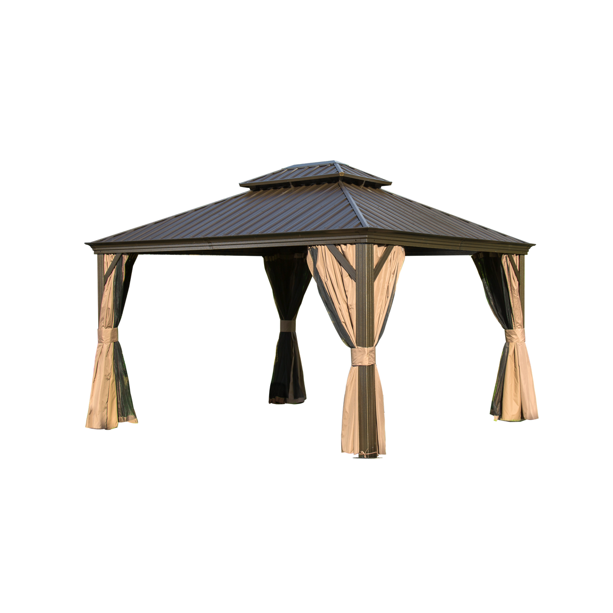 12x14 ft Brown Aluminum Double Roof Hardtop Gazebo with Netting and Curtains