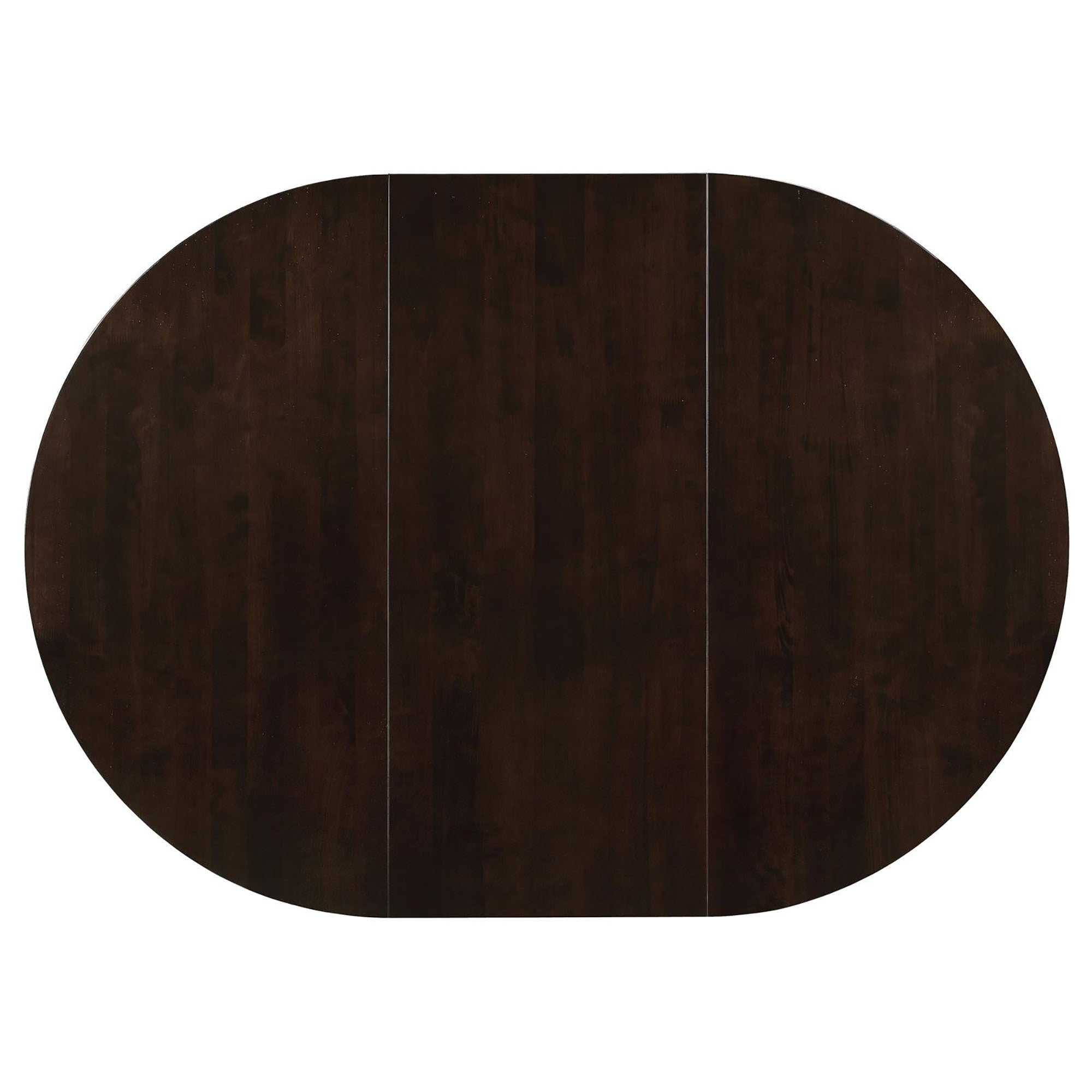 Overhead top-down view of the oval extendable dining table top on white
