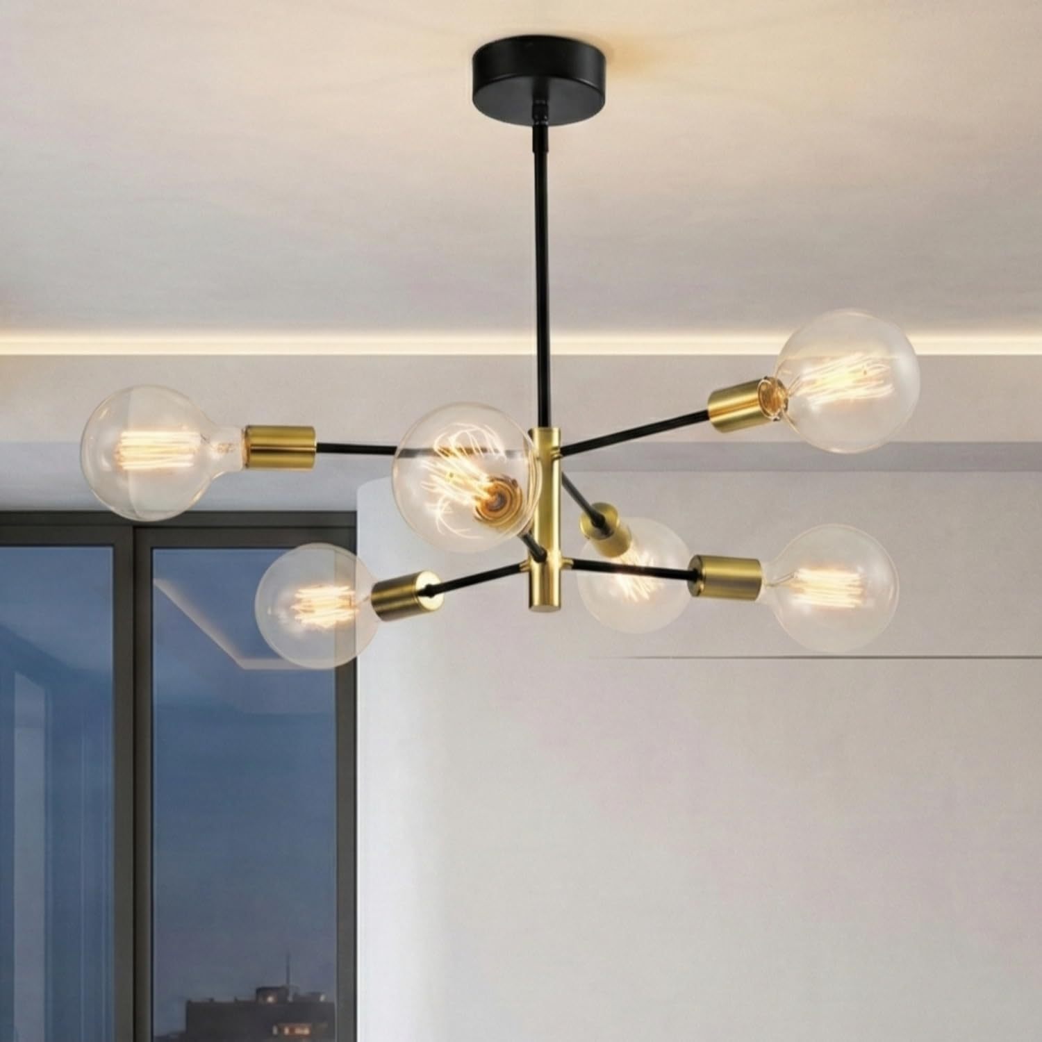 Chandelier, 6-Light Sputnik Mid-Century Metal, Black and Gold