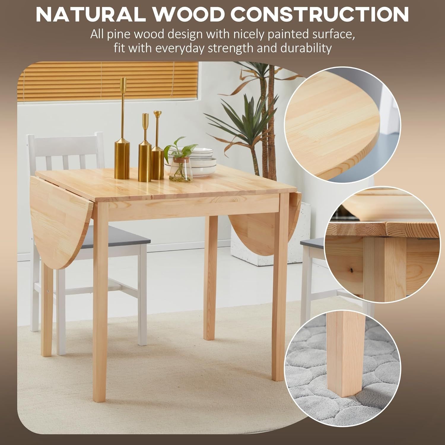 Feature graphic on natural wood construction with close-ups of the pine top, edge, and leg