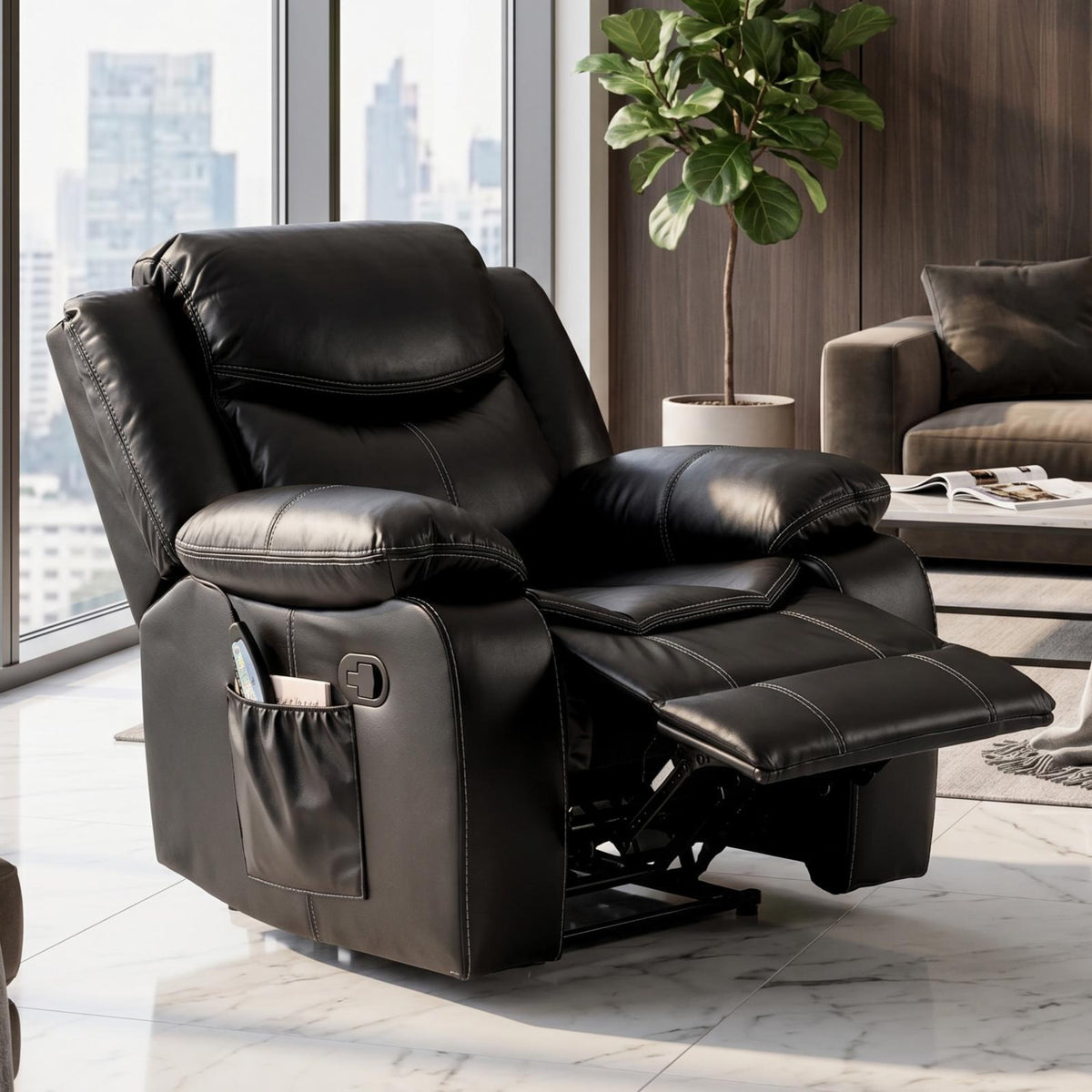 Black Vegan Leather Recliner, Massage and Heat