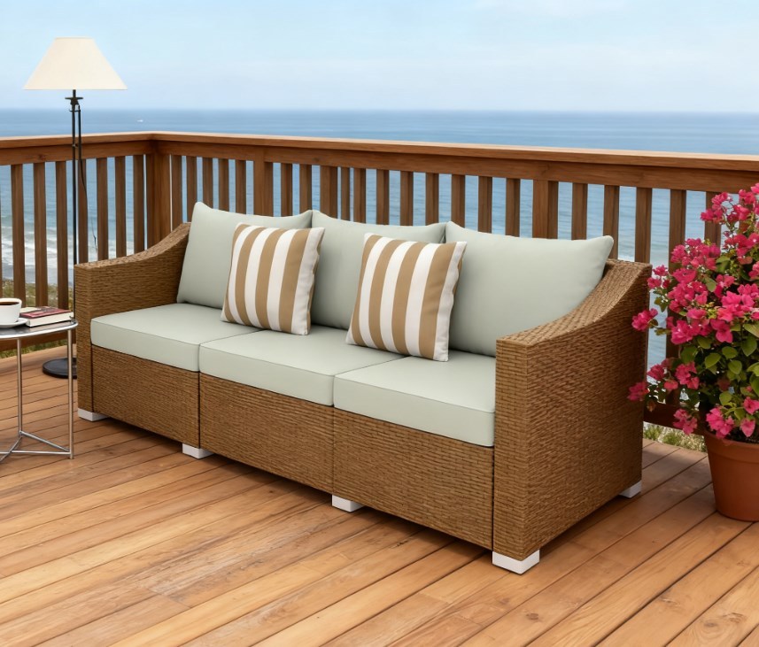 Wicker Outdoor Sofa with Cushions, 79.1 in Wide, Light Gray and Natural Wood
