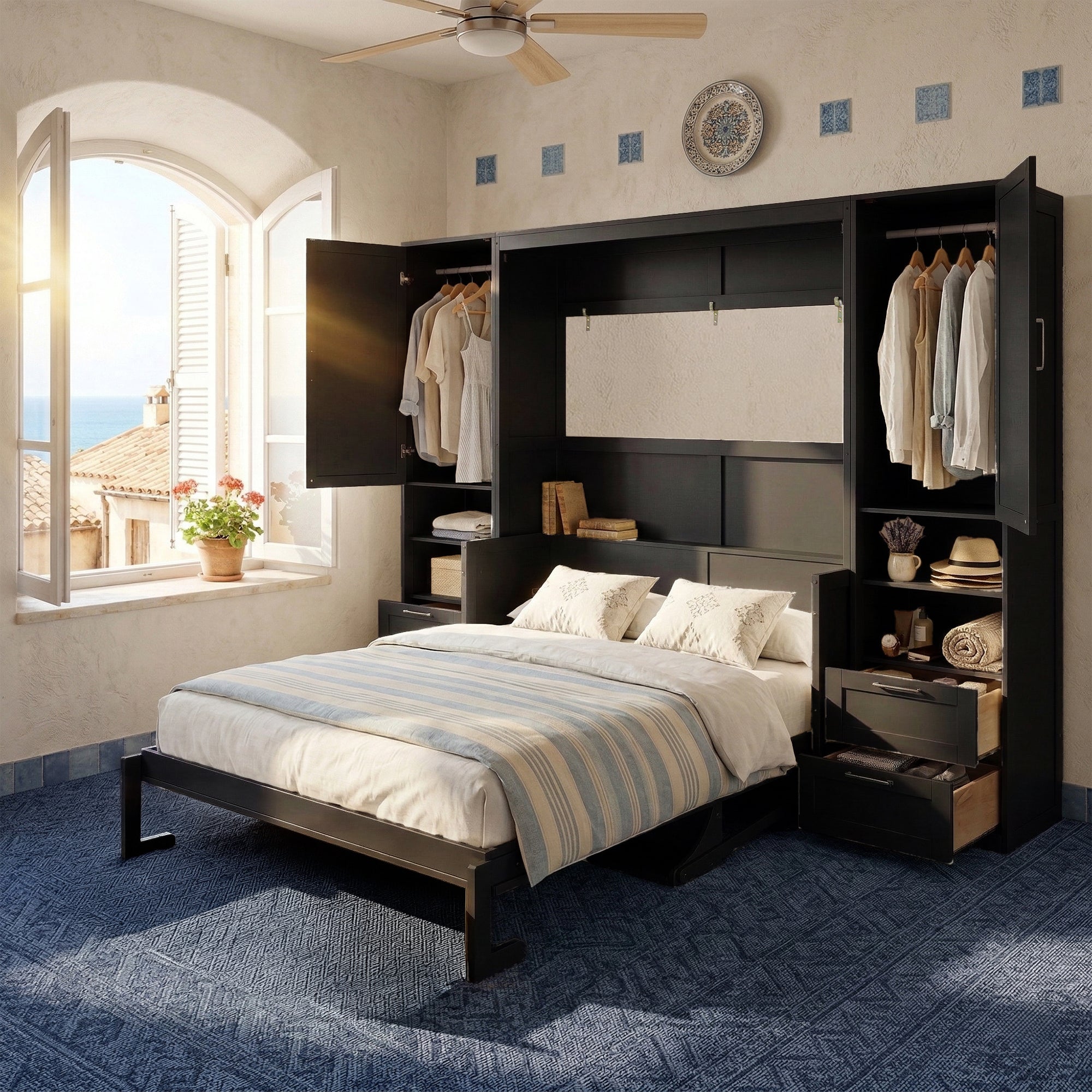 Queen Murphy Bed with Side Wardrobe, Drawers & Shelves, Black
