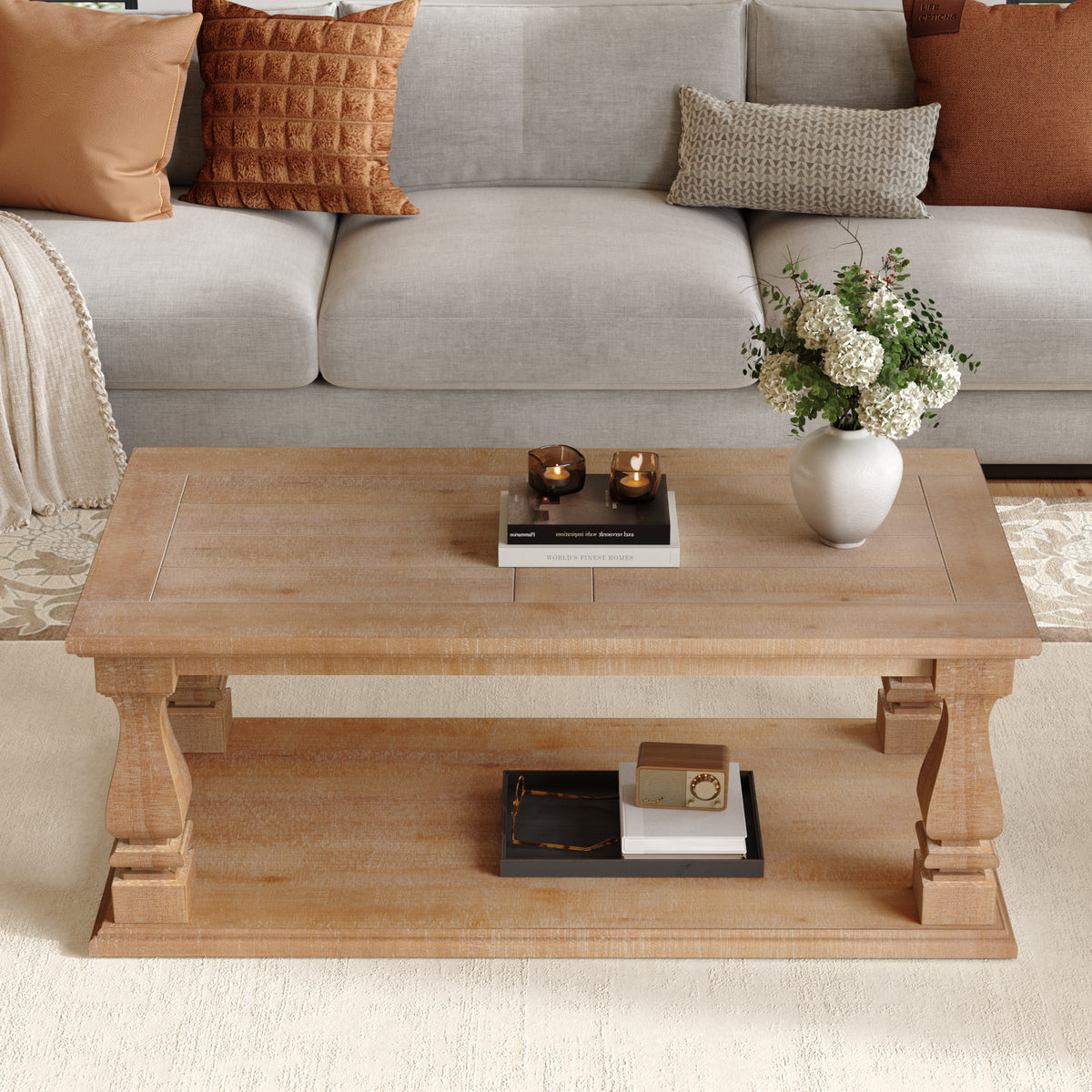 Natural Rectangular Coffee Table with Storage, 47.2 in, Distressed