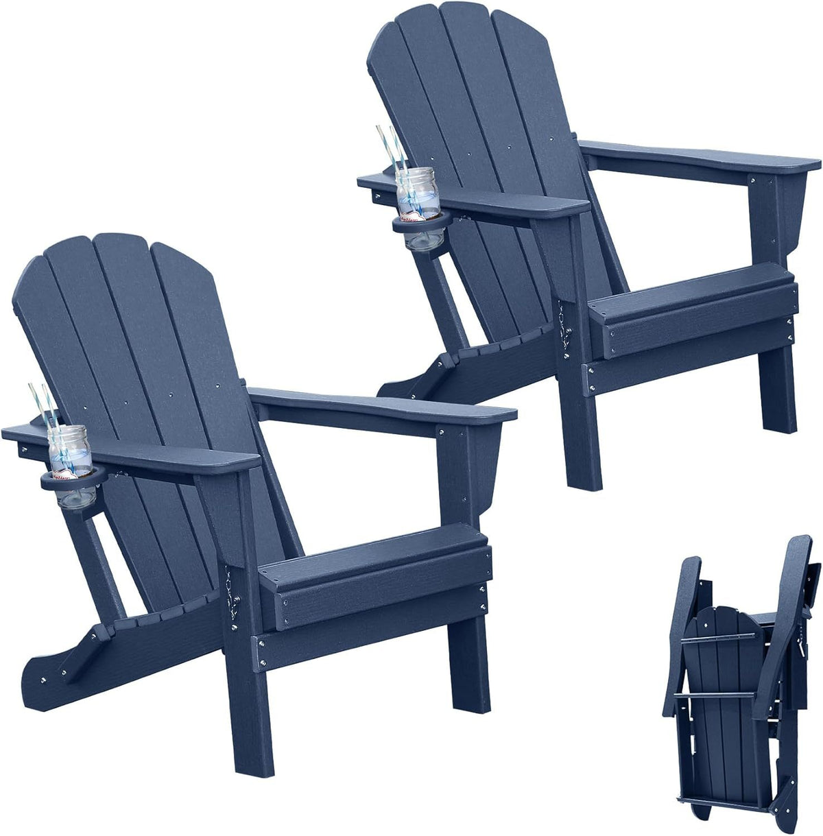 Dark Blue HDPE Folding Adirondack Chair, Set of 2, with Cup Holders