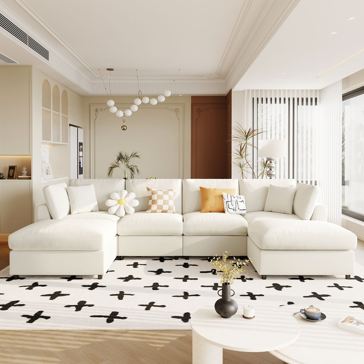 Beige Chenille Modular Sectional Couch with 2 Ottomans, 128.2 in Wide