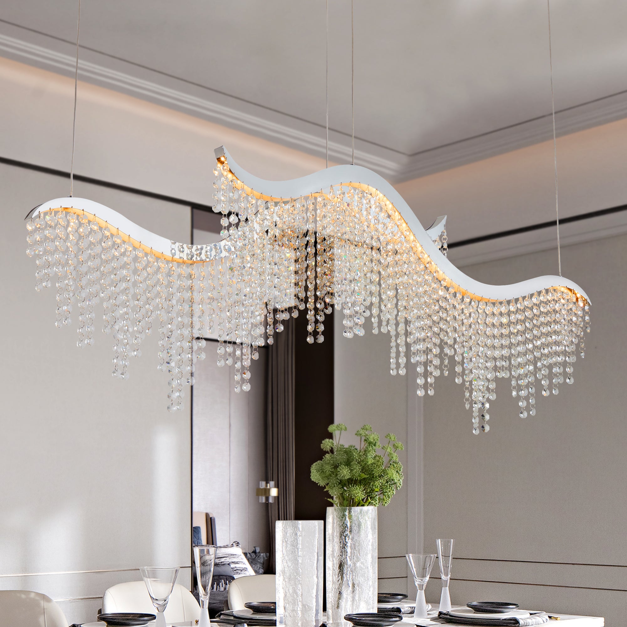 Wave Crystal LED Chandelier, Dimmable, Adjustable Height, Chrome