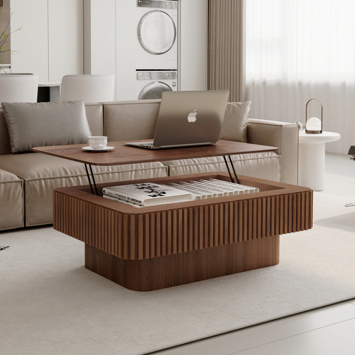 Walnut Rectangular Fluted Lift-Top Coffee Table, 38.6 in