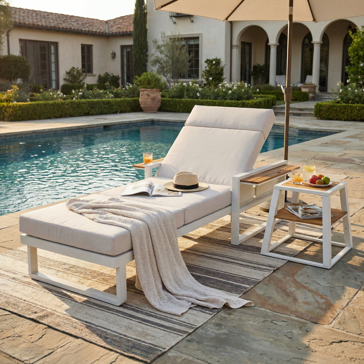 Teak Finish Metal Adjustable Outdoor Chaise Lounge, Cream Cushion