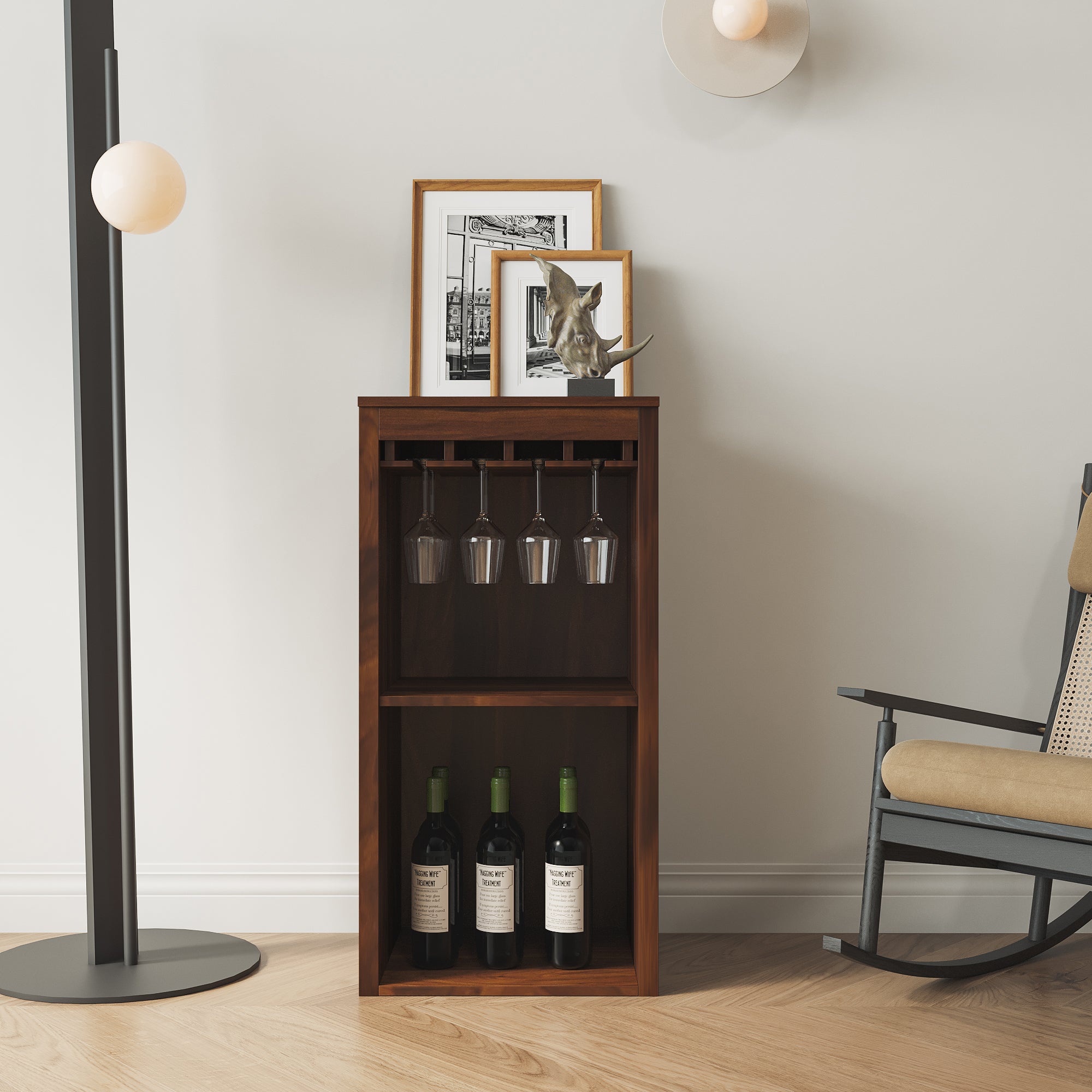 Walnut Wine Bar Cabinet with Stemware Rack and Open Shelves