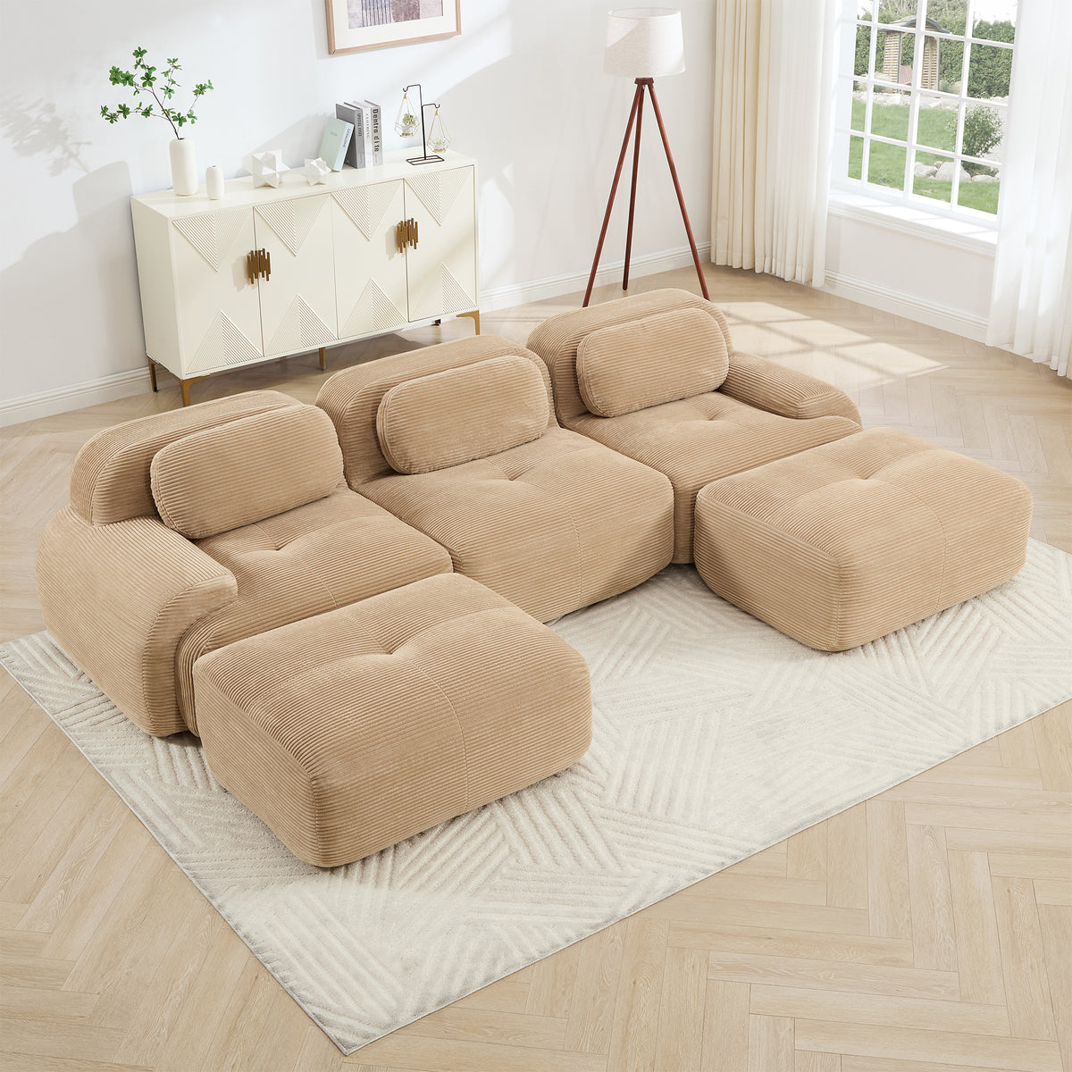 Camel Corduroy U-Shaped Modular Sectional Couch, 3-Seat