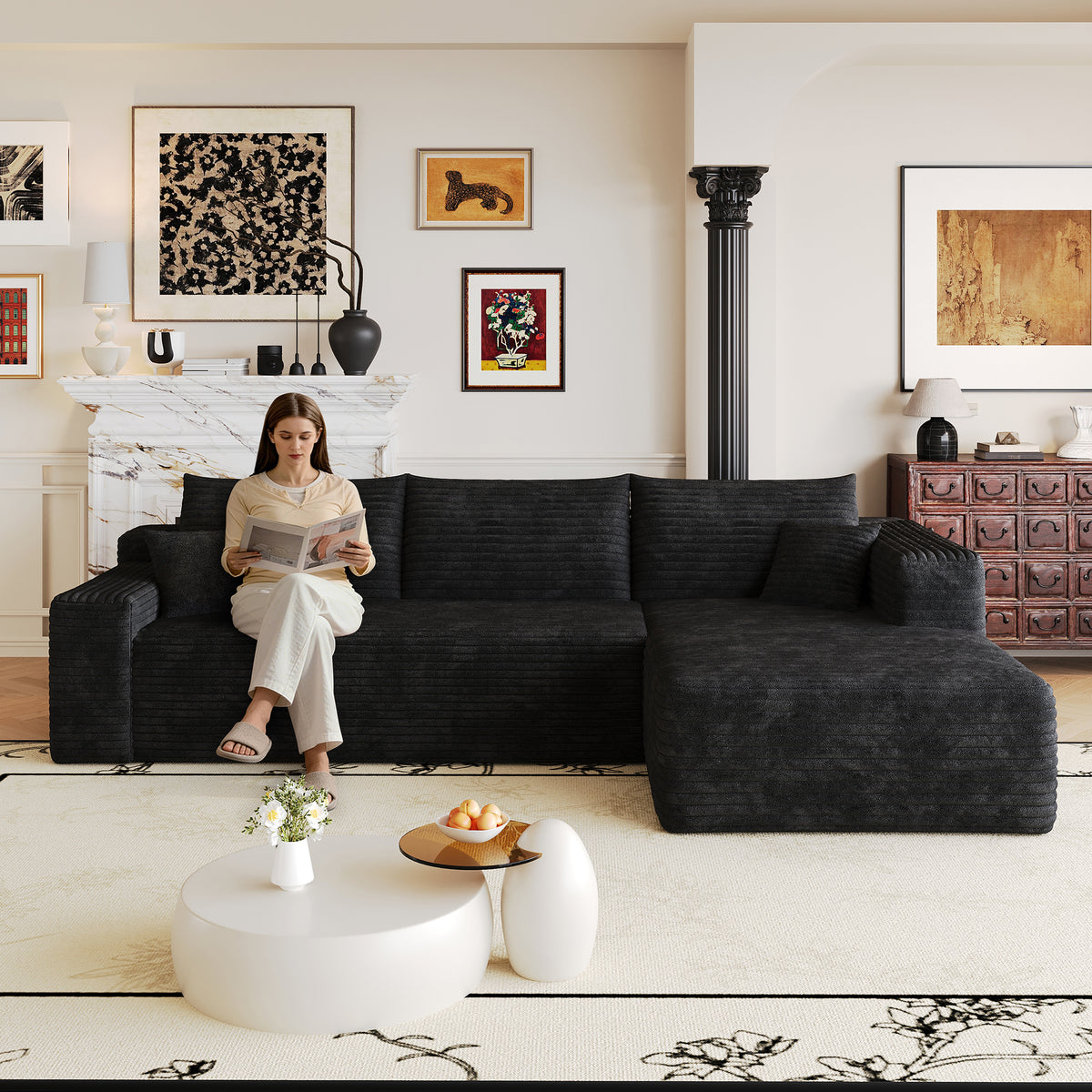 Black Corduroy L-Shaped Sectional, 103.2 in Wide, Right-Facing