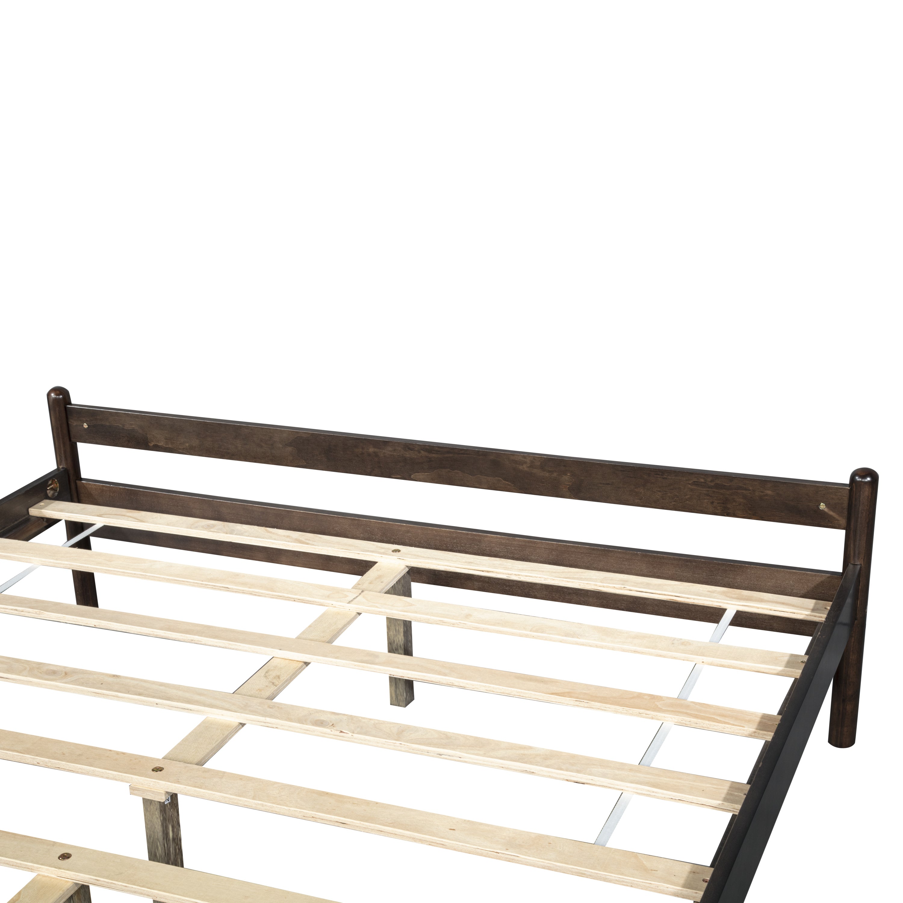 Detail of the evenly spaced spindles on the brown pine headboard against a white background #Color_Brown