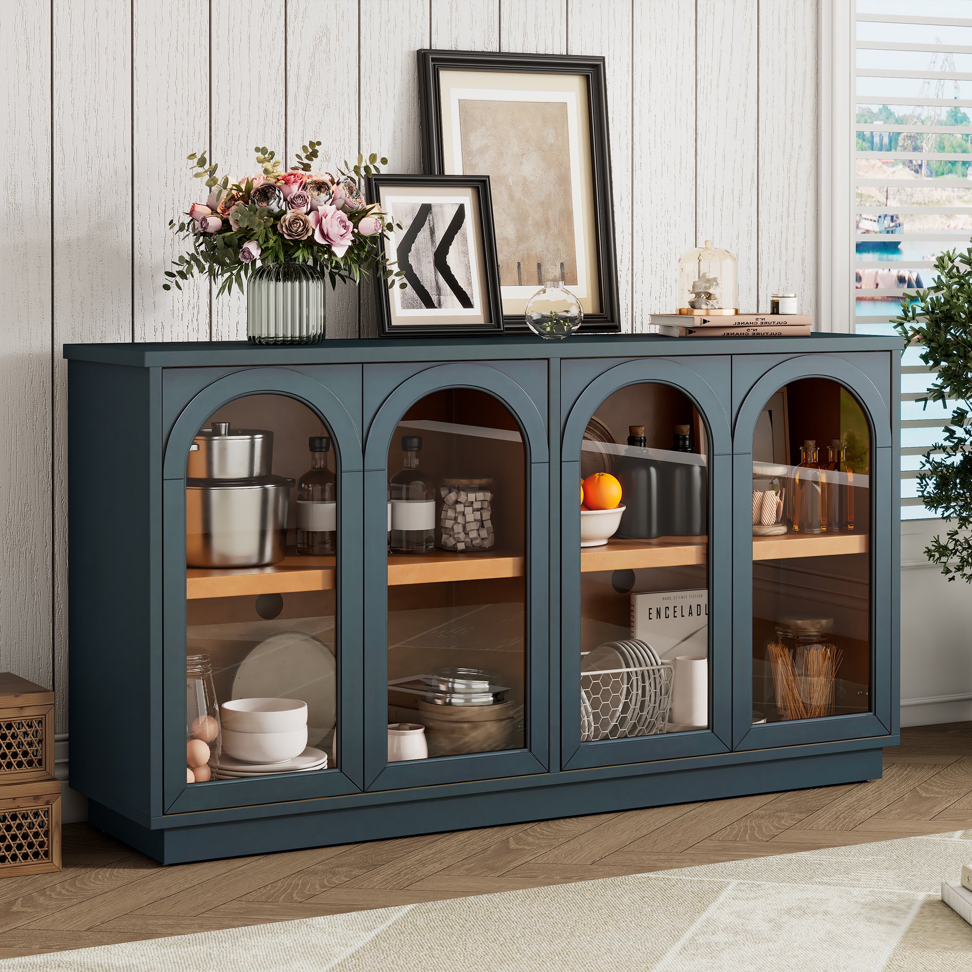 Arched Glass Buffet Cabinet, 57 in Navy, Push-to-Open 4-Door