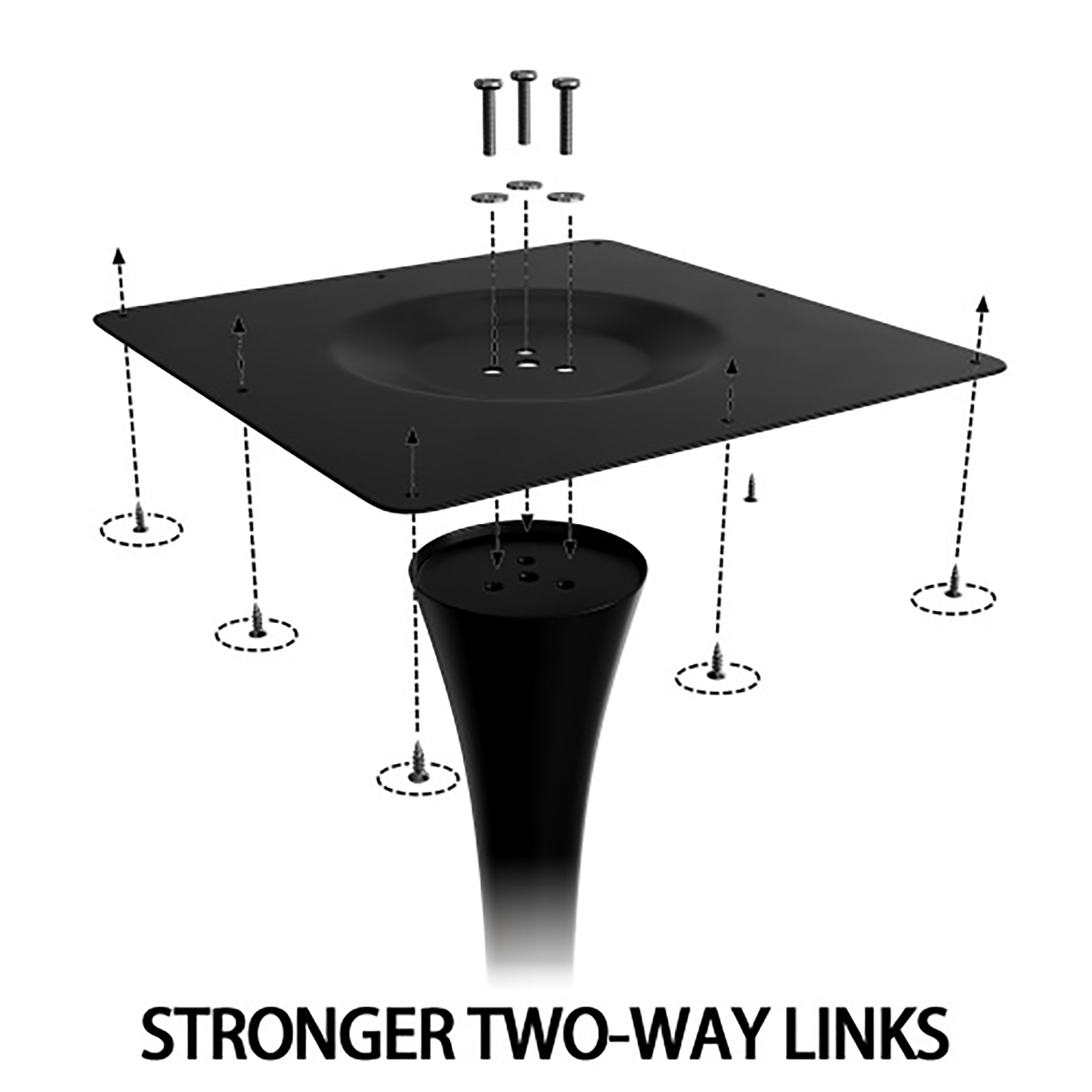 Assembly diagram of the tulip table pedestal, top mounting plate and screws for stronger two-way links