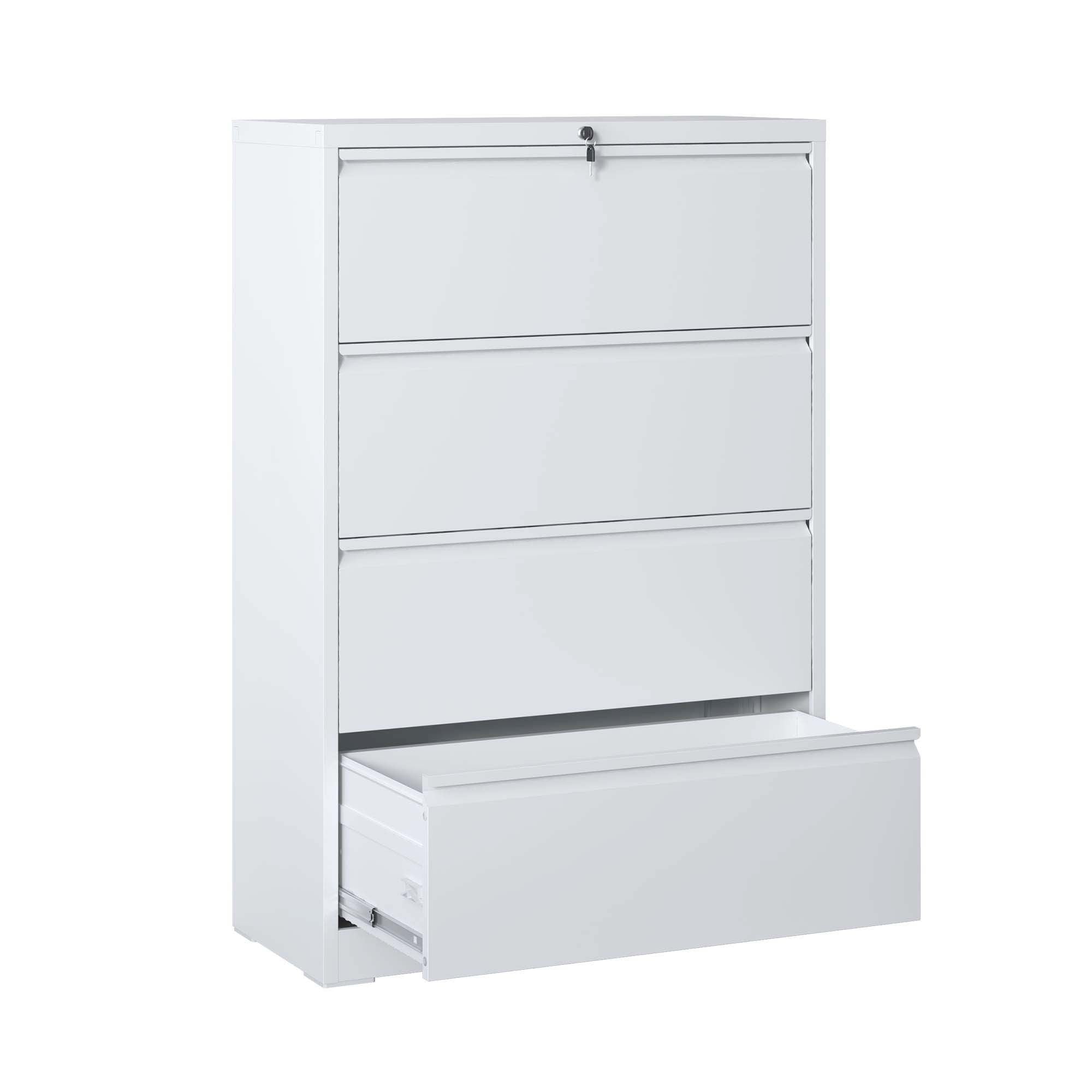 Lateral Vertical File Cabinet with Drawers and Lock, 35.4 in, White