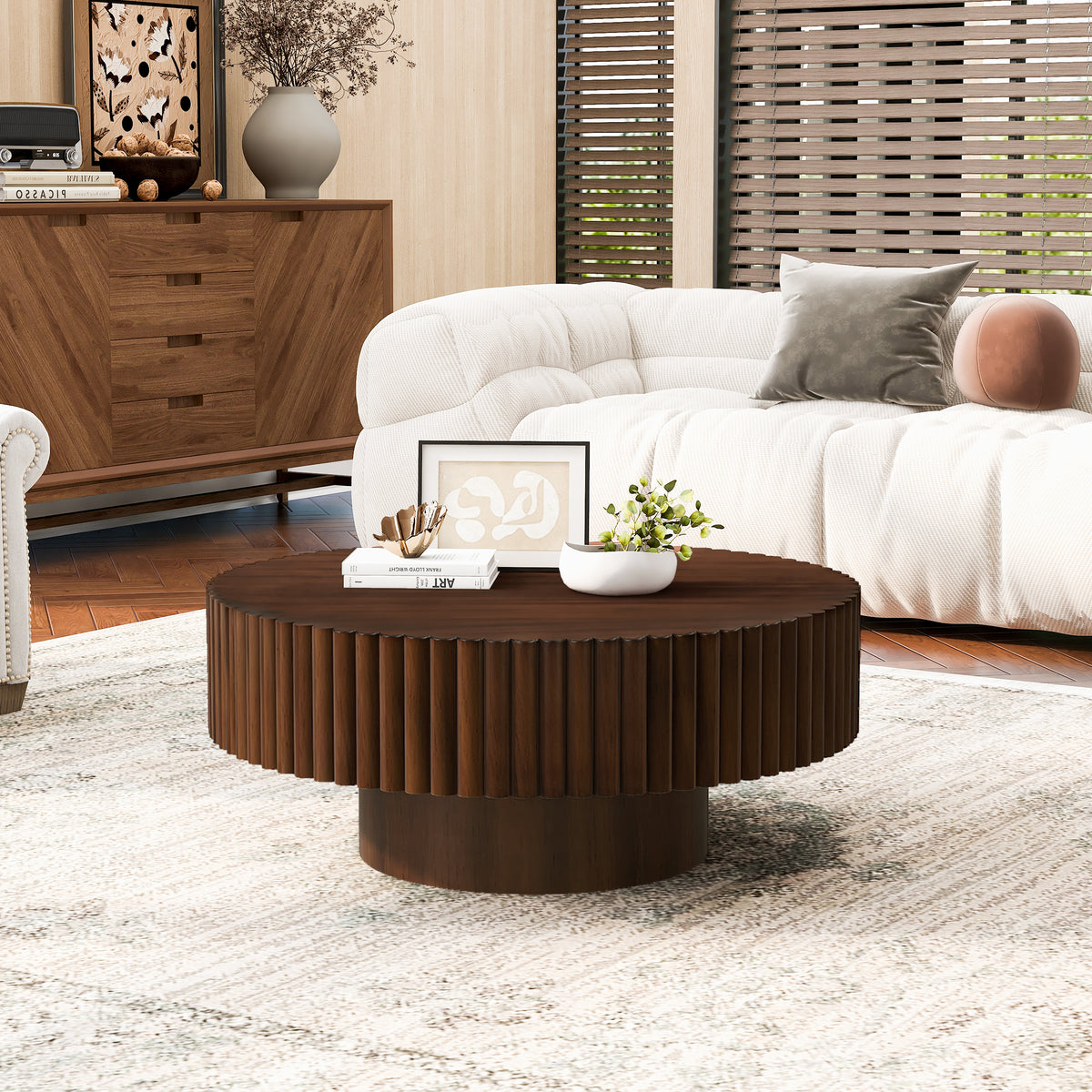 Walnut Round Fluted Coffee Table, 31.5 in