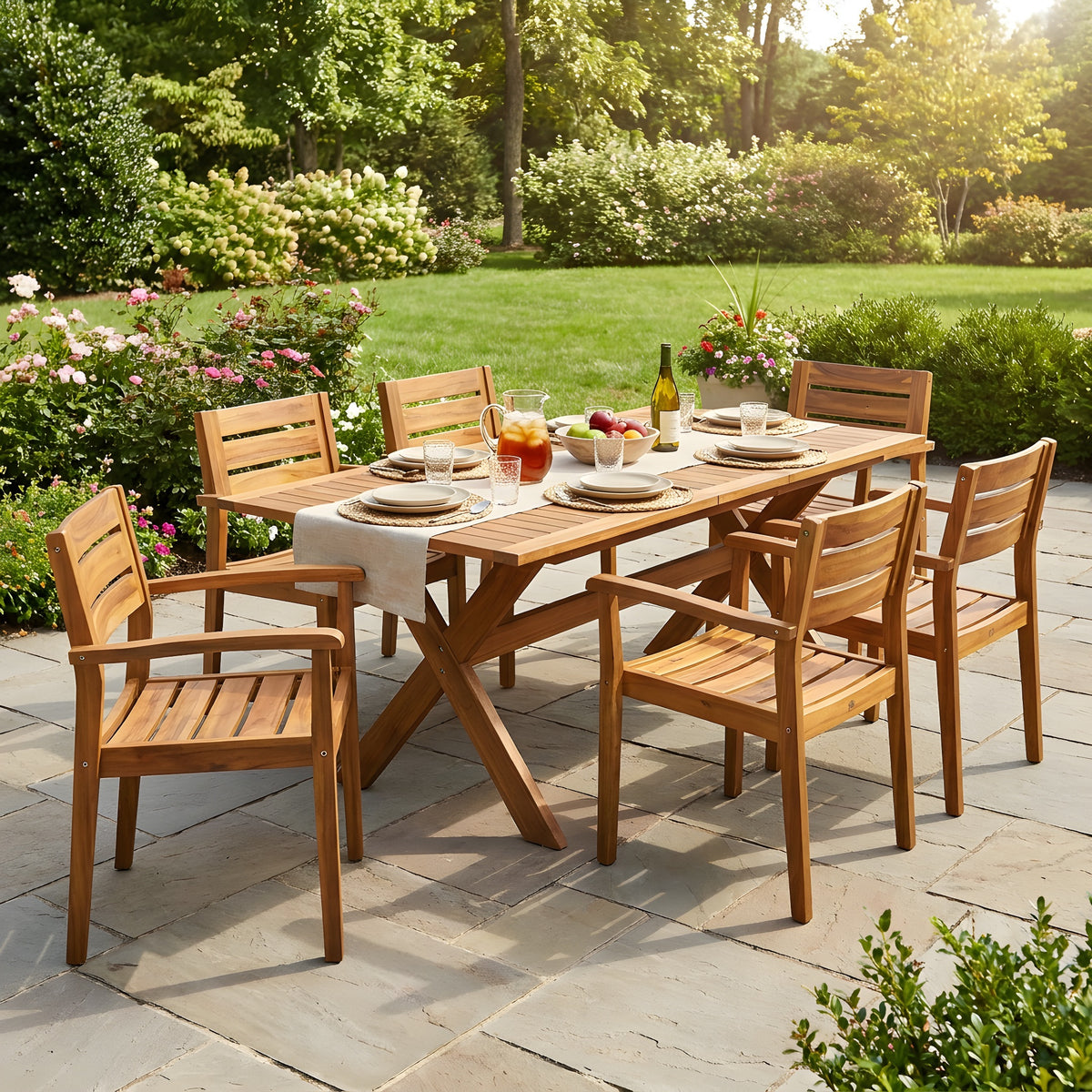 Teak Finish Solid Wood 7-Piece Patio Dining Set for 6