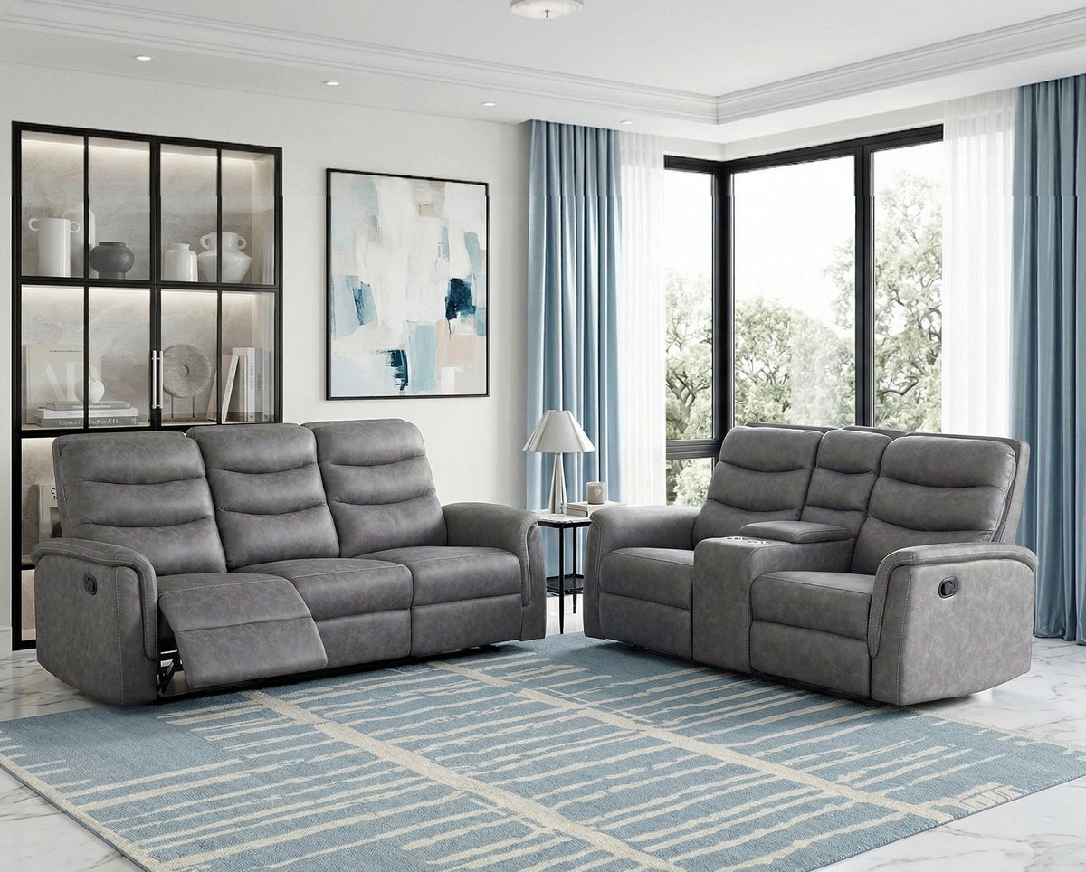 Gray Microfiber Reclining Sofa and Loveseat with Console, Wall-Hugger
