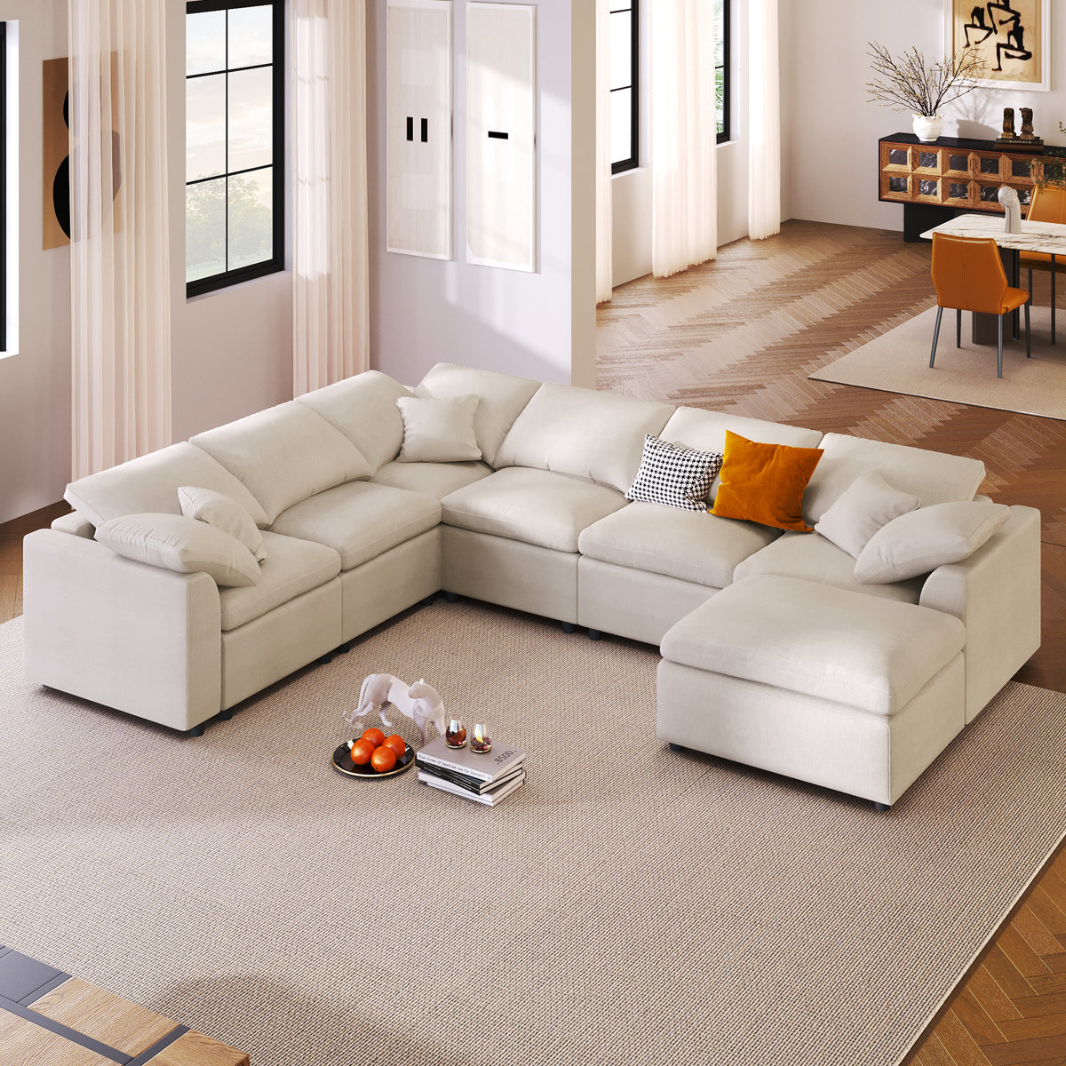 Beige Chenille L-Shaped Modular Sectional with Ottoman, 120.9 in Wide
