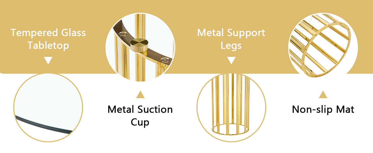Graphic detailing the tempered glass tabletop, metal suction cup, metal support legs, and non-slip mat