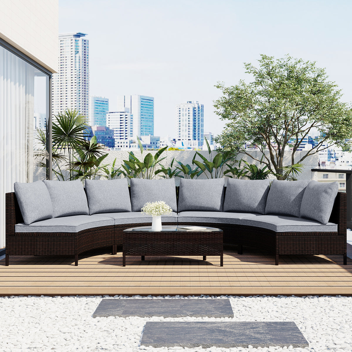 Brown Wicker 5-Piece Outdoor Sofa Set with Cushions, Glass Top