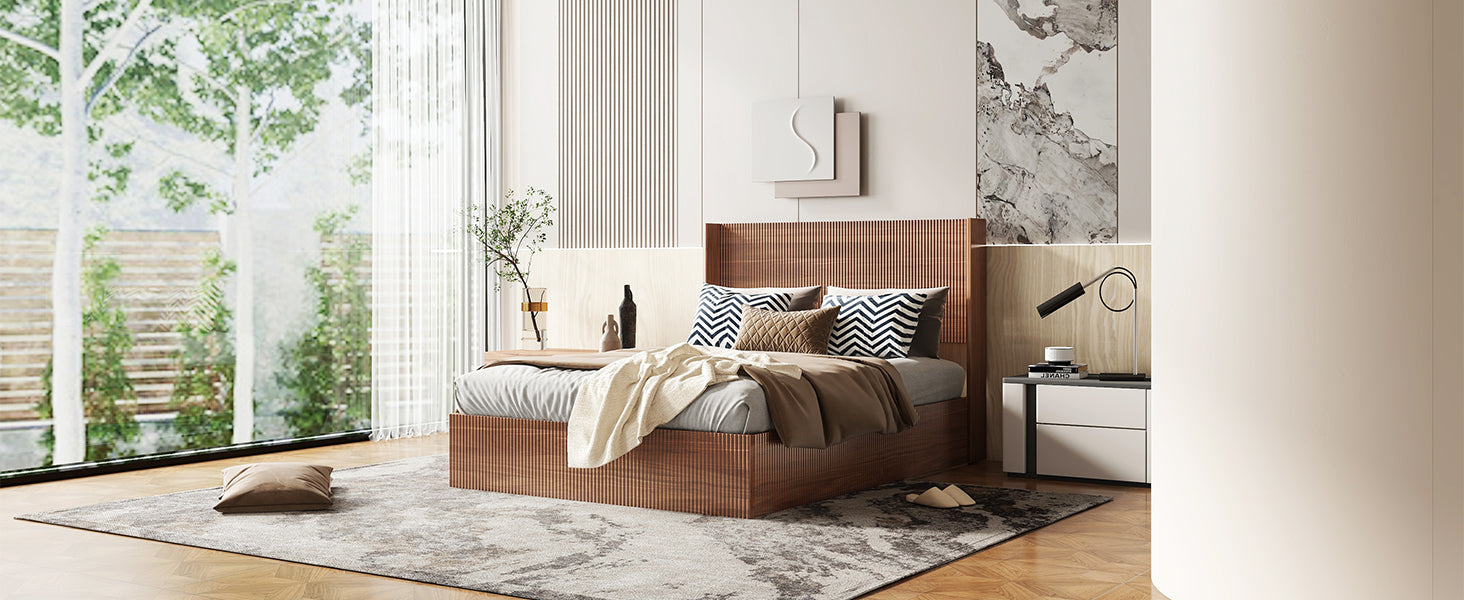 Wide bedroom view of the natural wood fluted queen storage bed beside a large window