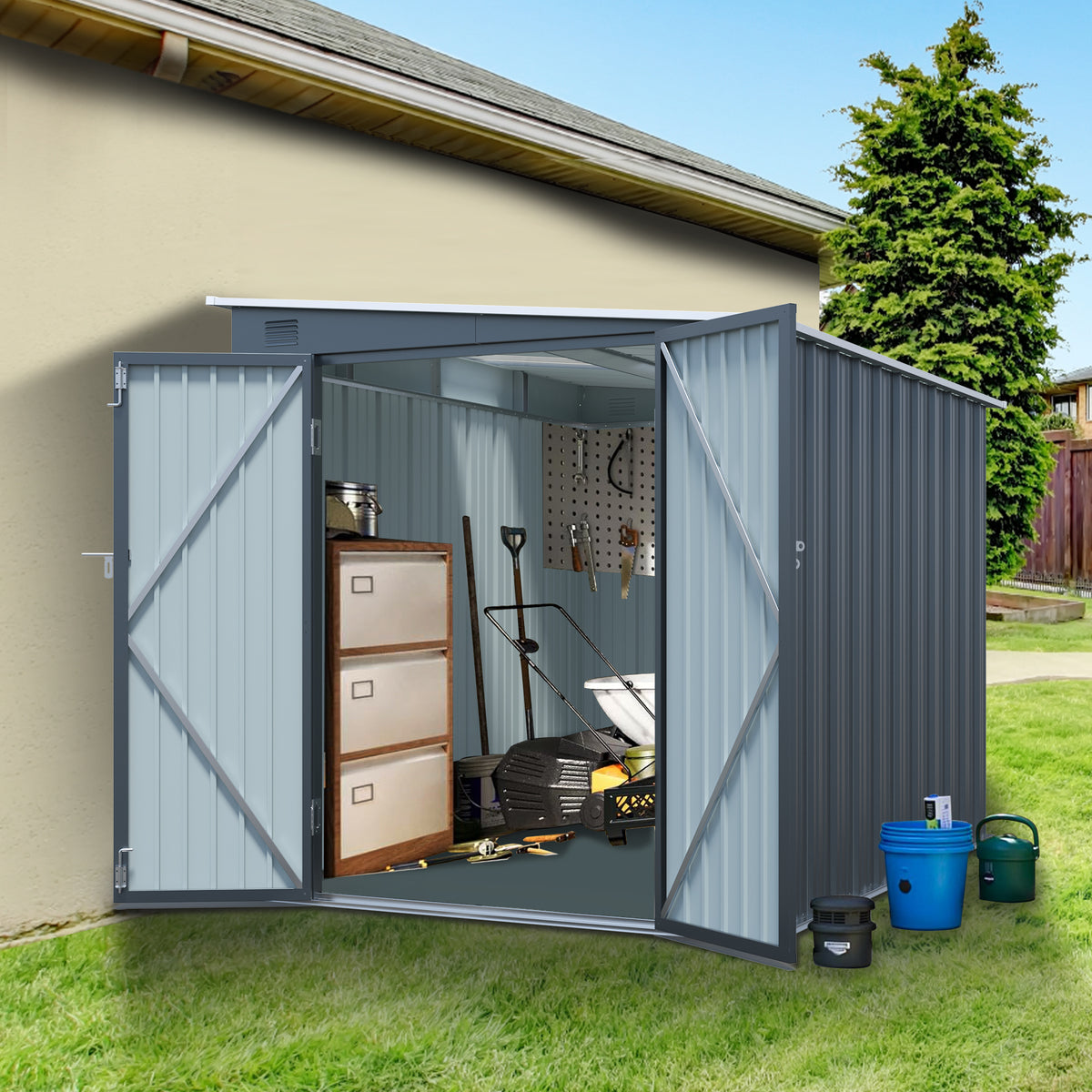 6x8 ft Black Metal Lean-To Storage Shed with Lockable Doors
