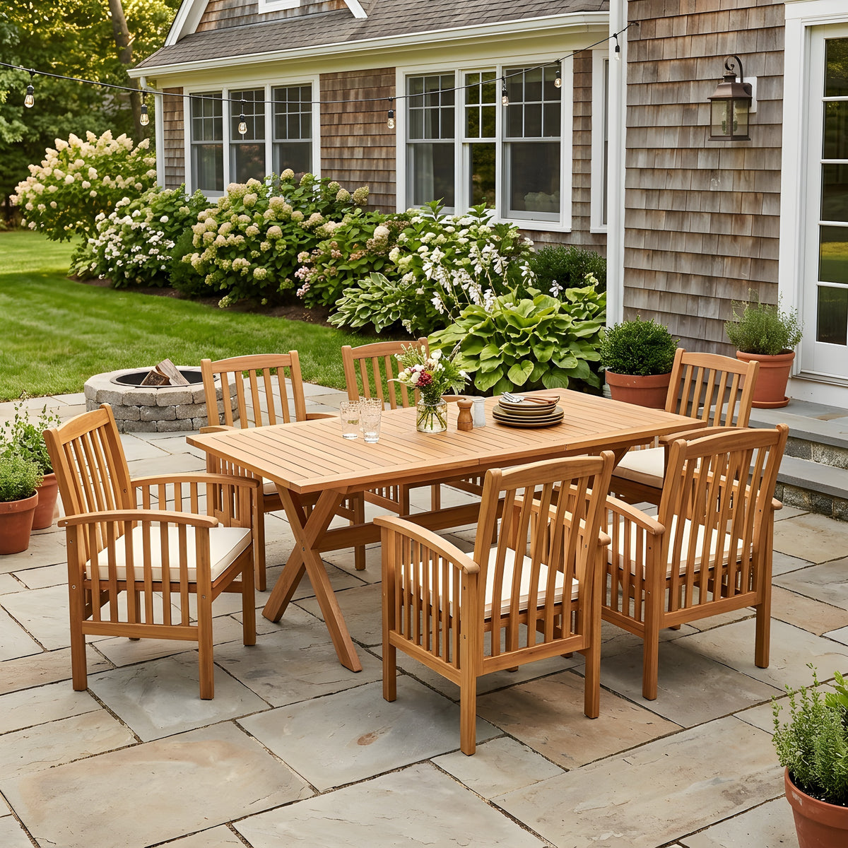Teak Finish Solid Wood 7-Piece Patio Dining Set for 6 with Cream Cushions