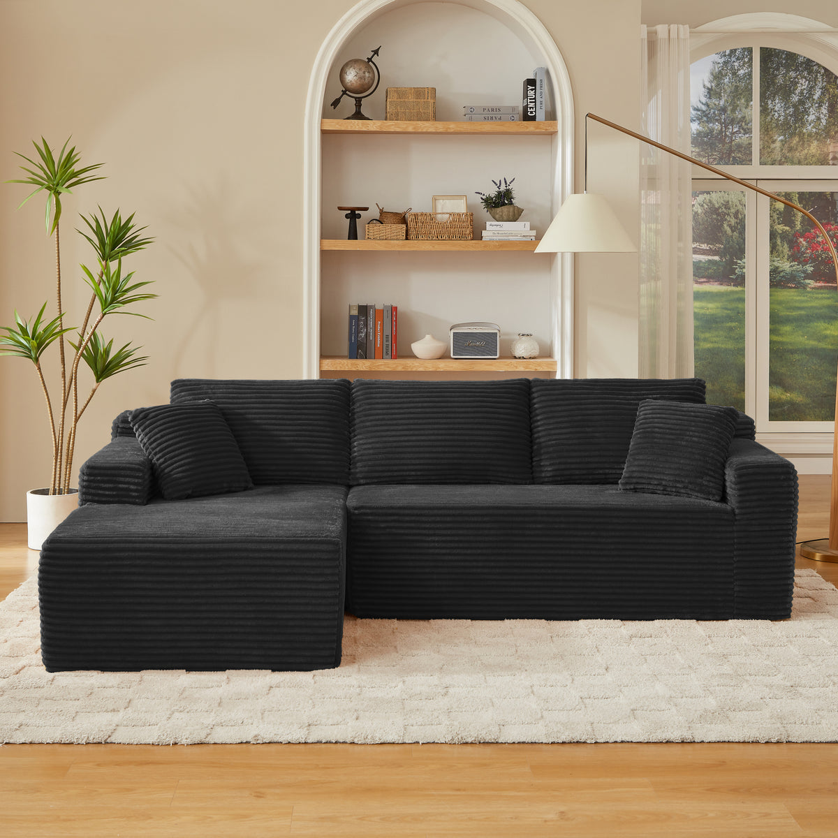 Black Corduroy L-Shaped Modular Sectional, 103.2 in Wide, Left-Facing