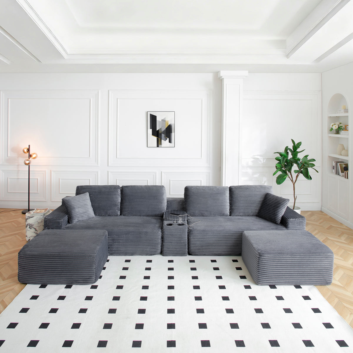 Gray Corduroy U-Shaped Sectional with Storage and 2 Ottomans