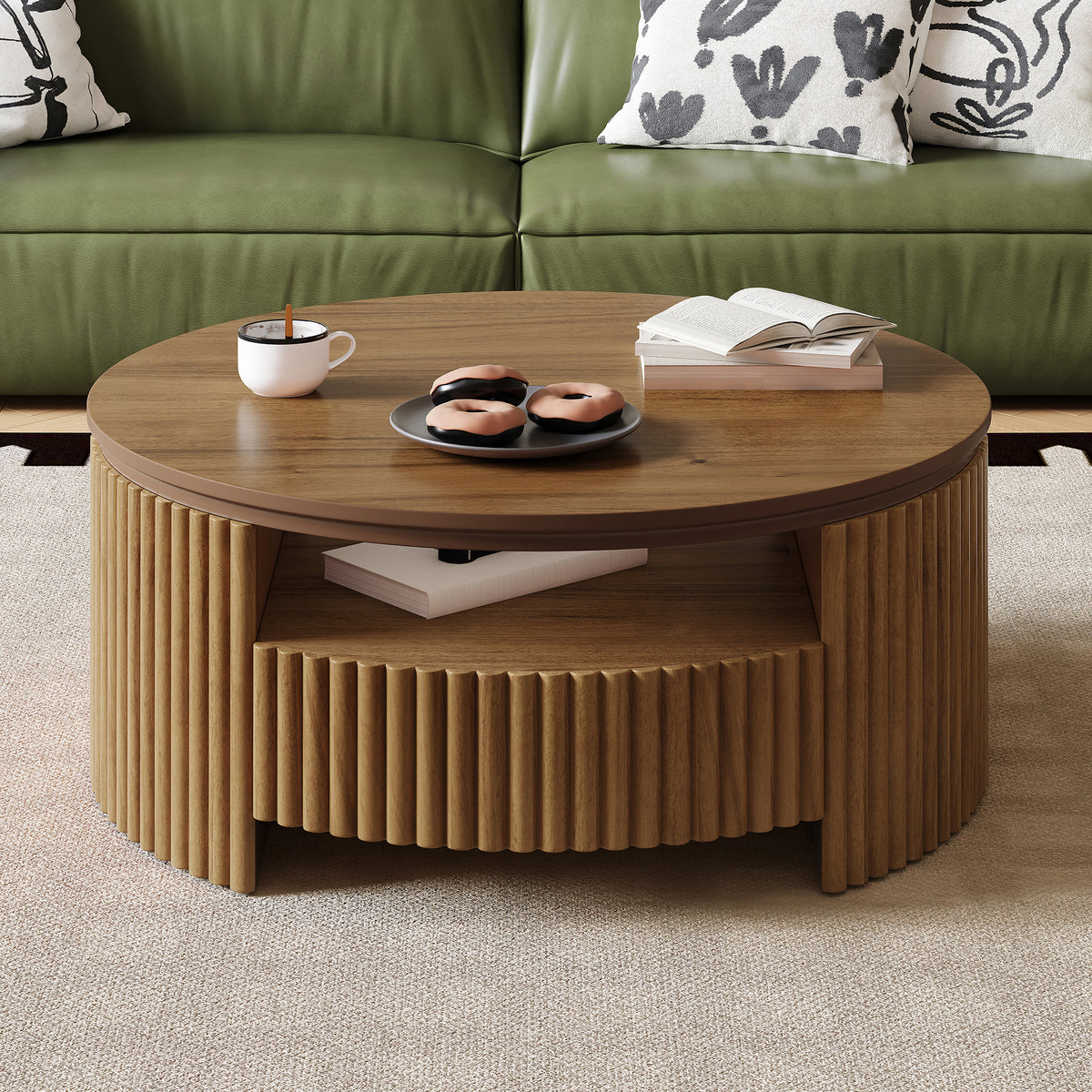 Walnut Round Fluted Coffee Table with Storage, 30.3 in, 14.2 in Tall
