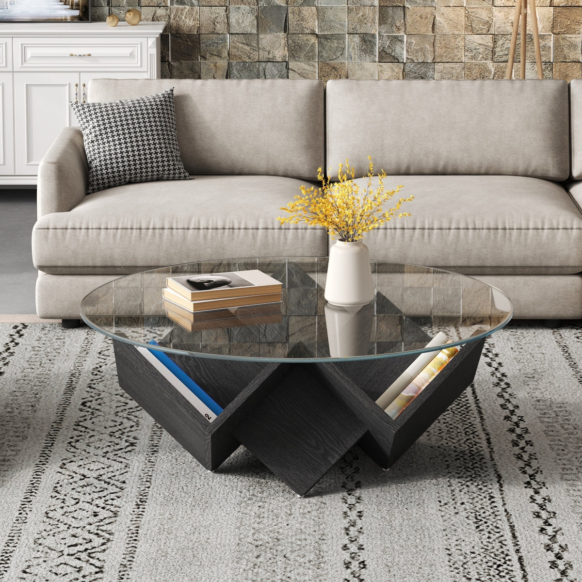 Black Glass Top Round Coffee Table with Storage, 35.4 in